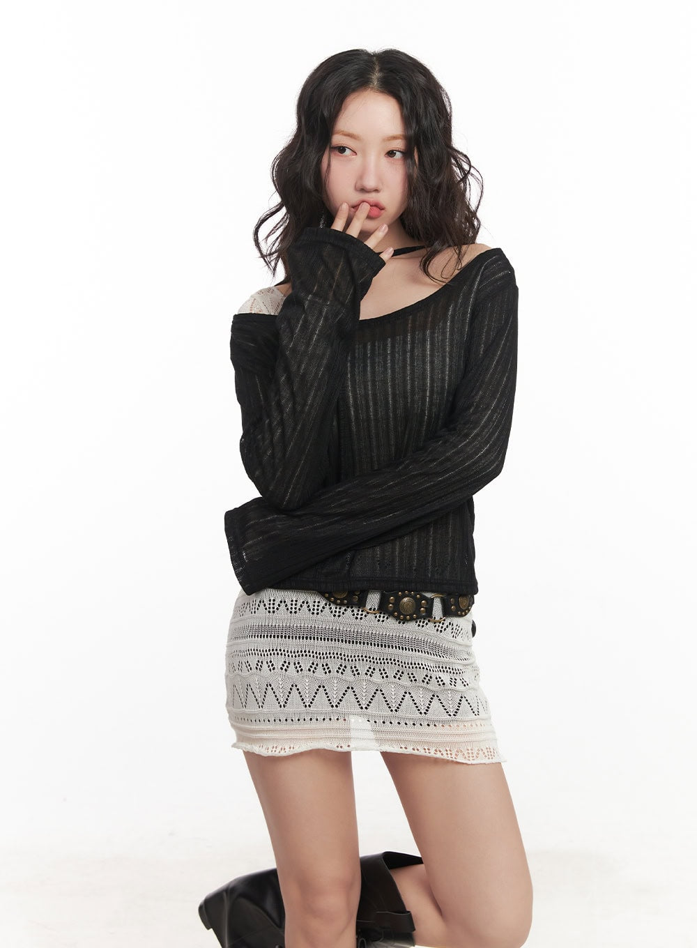 String Mesh Off-Shoulder Sweater CA521