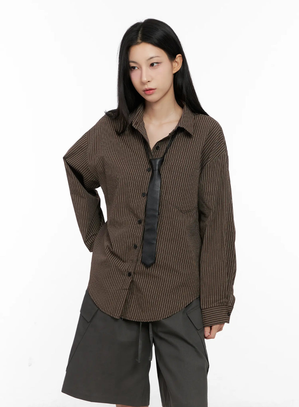 Relaxed Fit Striped Button-Up Long Sleeve Shirt CG526