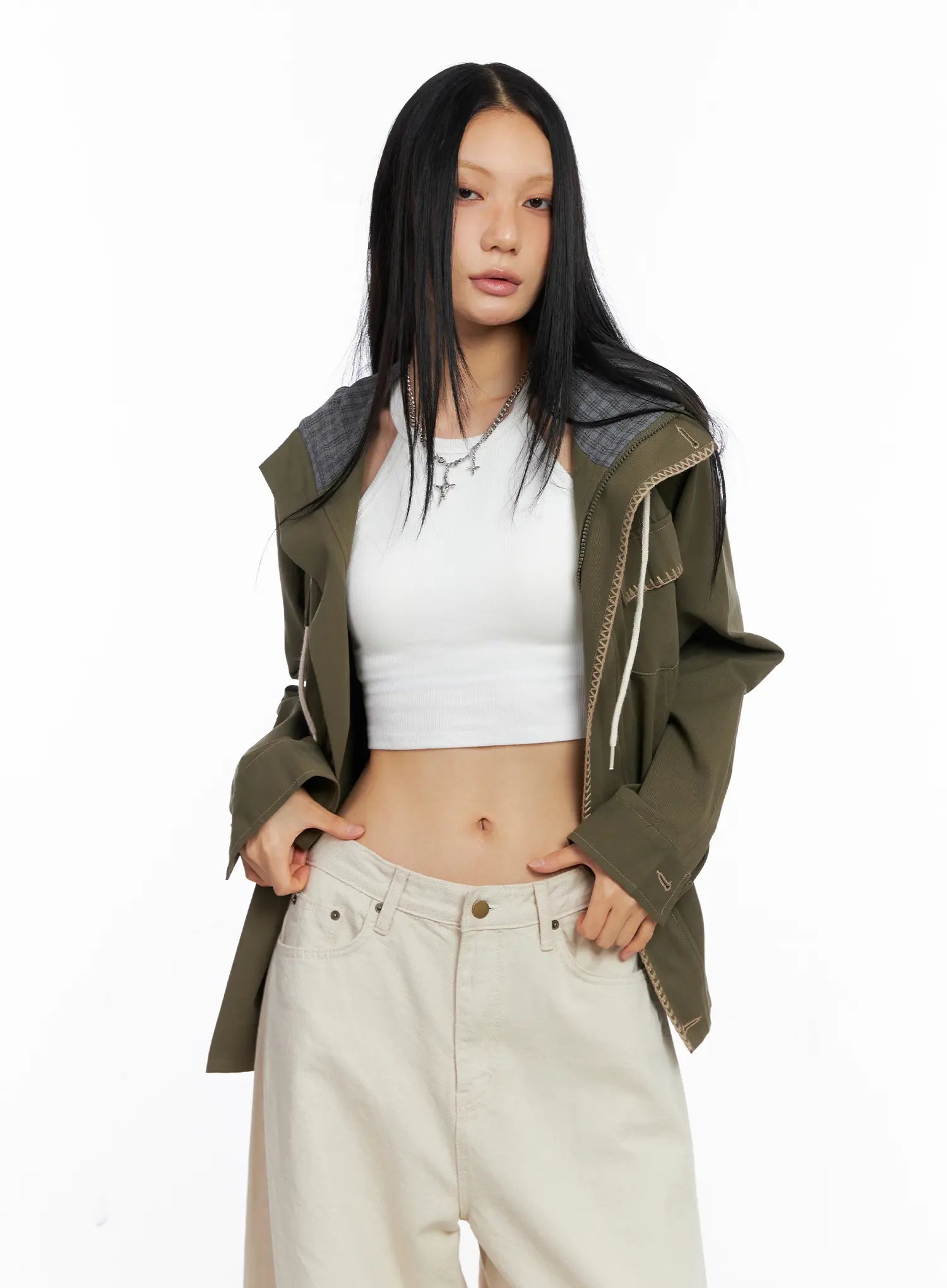 Two-Tone Embroidered Cotton Hoodie Jacket CS511