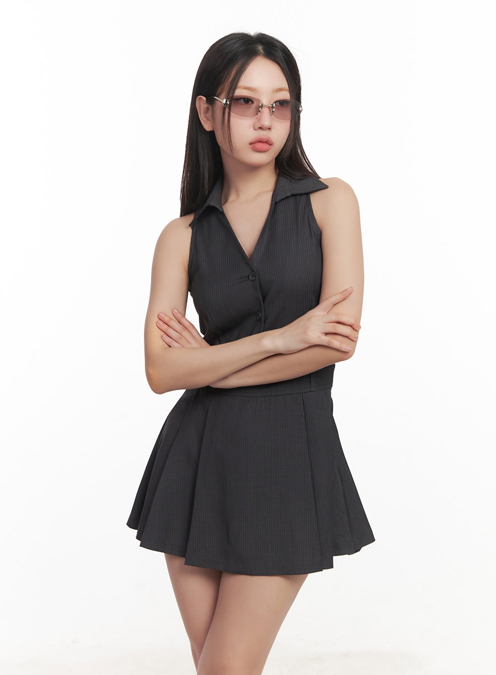 Stripe Pleated Halter Neck Dress CA518