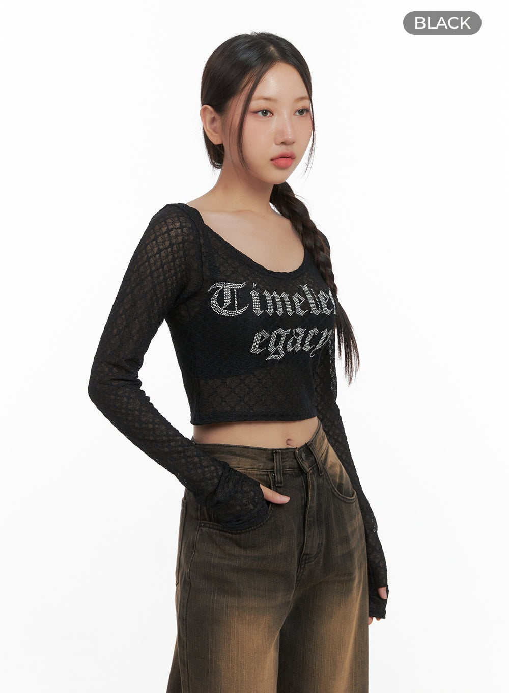 Lettering Mesh Crop Long Sleeve Tee CO404