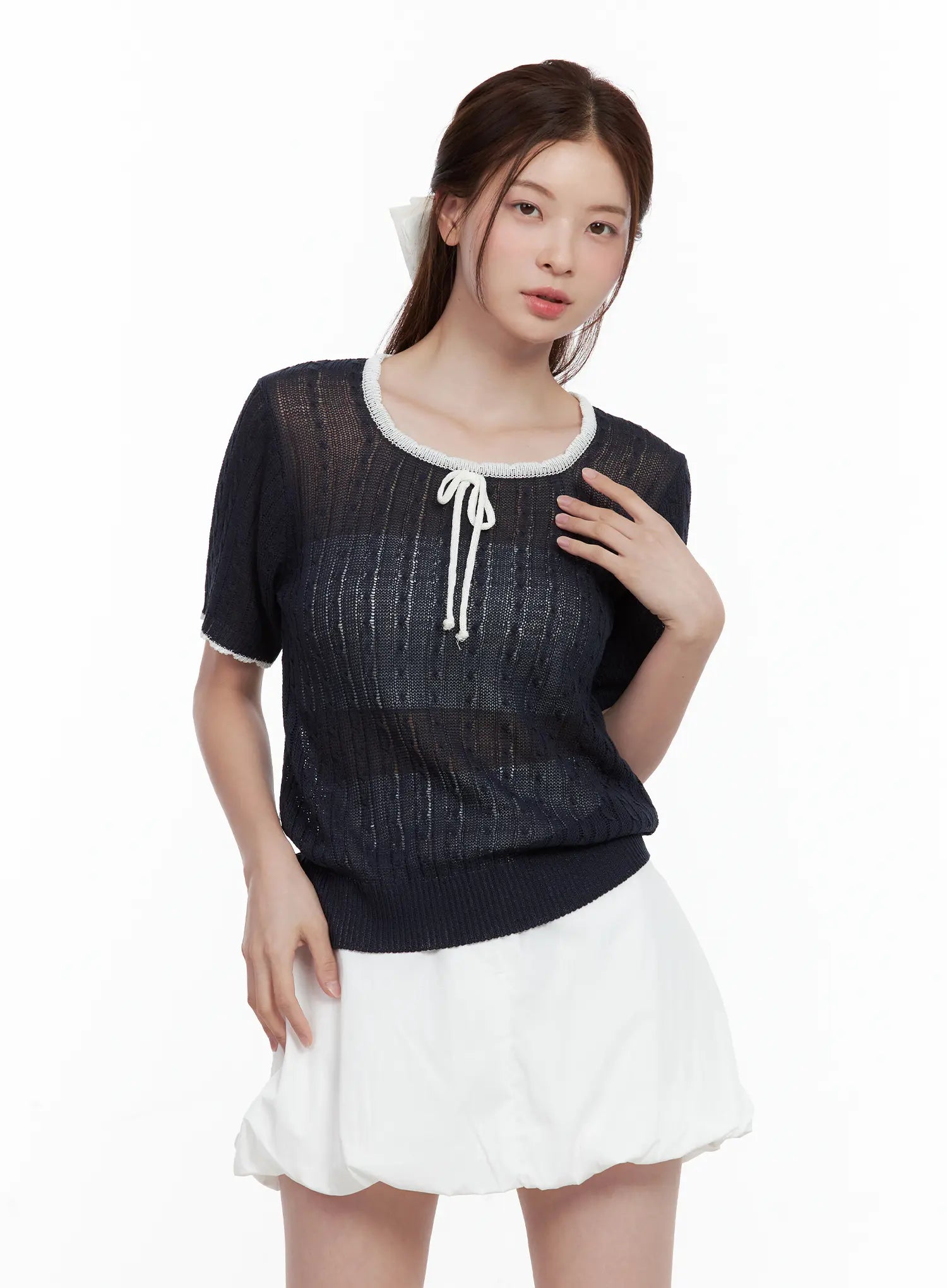 Sheer-Knit Tie Sweater Top CL502