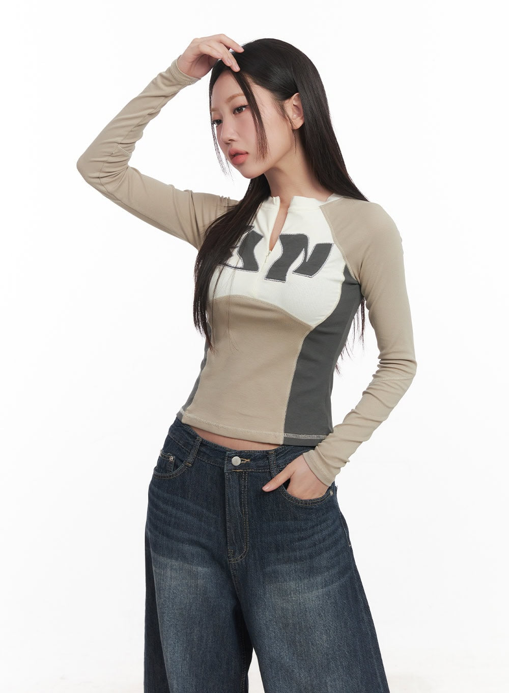 Stitched Half-Zip Long-Sleeve Crop Top CA521