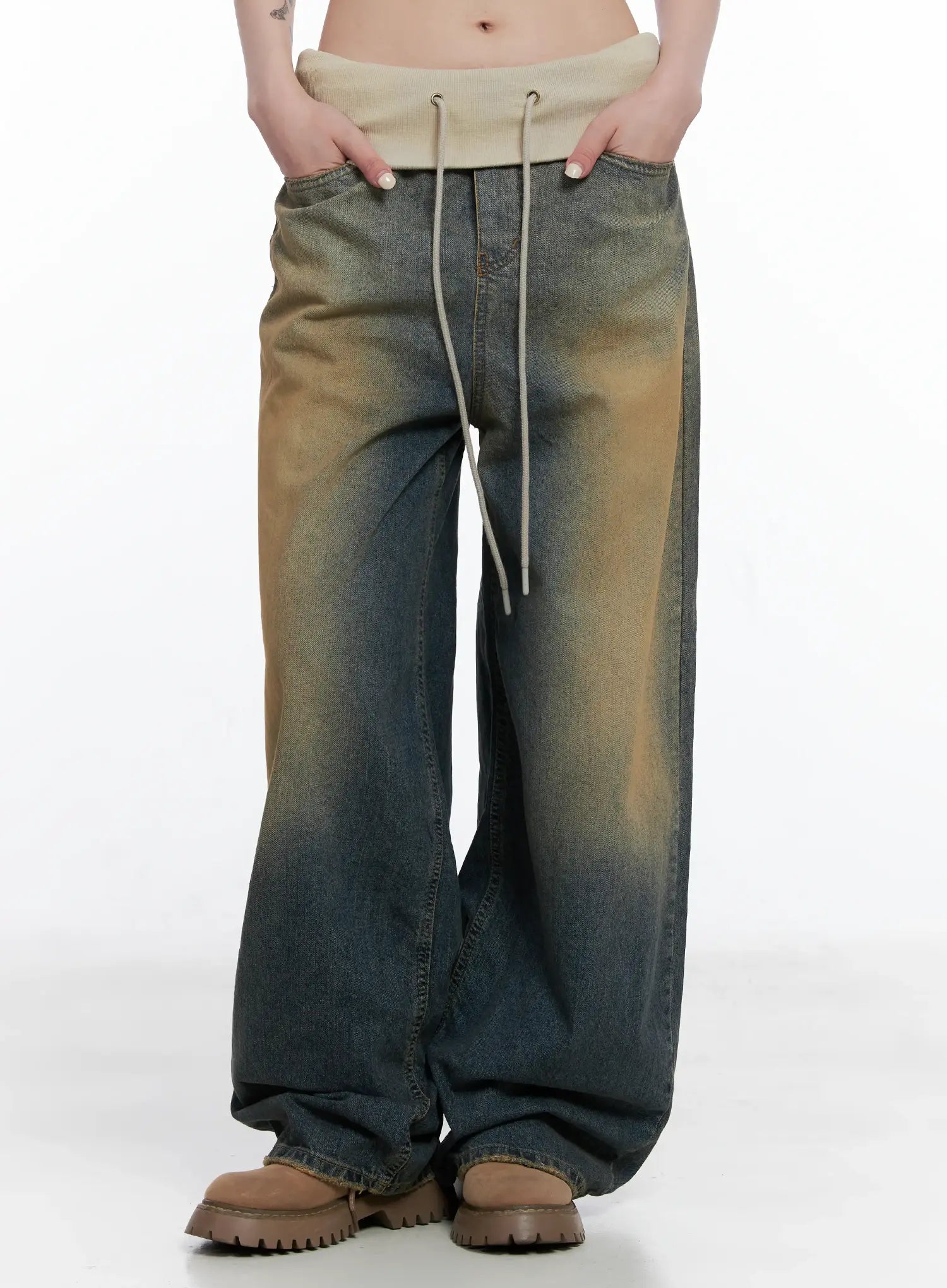 Jemma Folded Waist Washed Baggy Jeans CS512