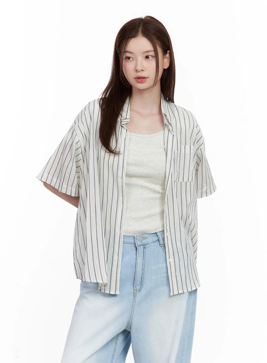 Casual Striped Short-Sleeve Button-Up Shirt CL502