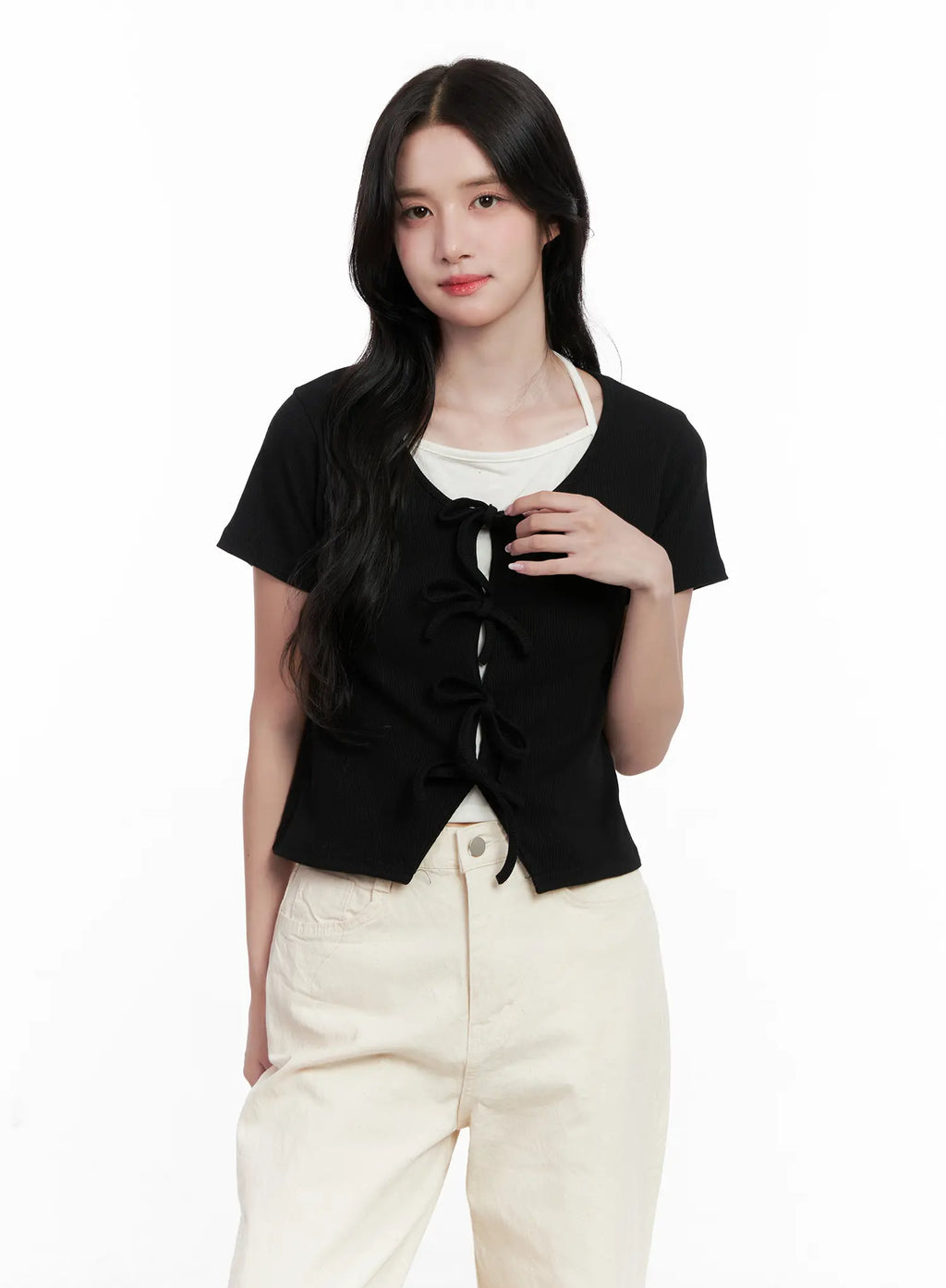 Ribbon-Tie Short-Sleeve Tee CL516