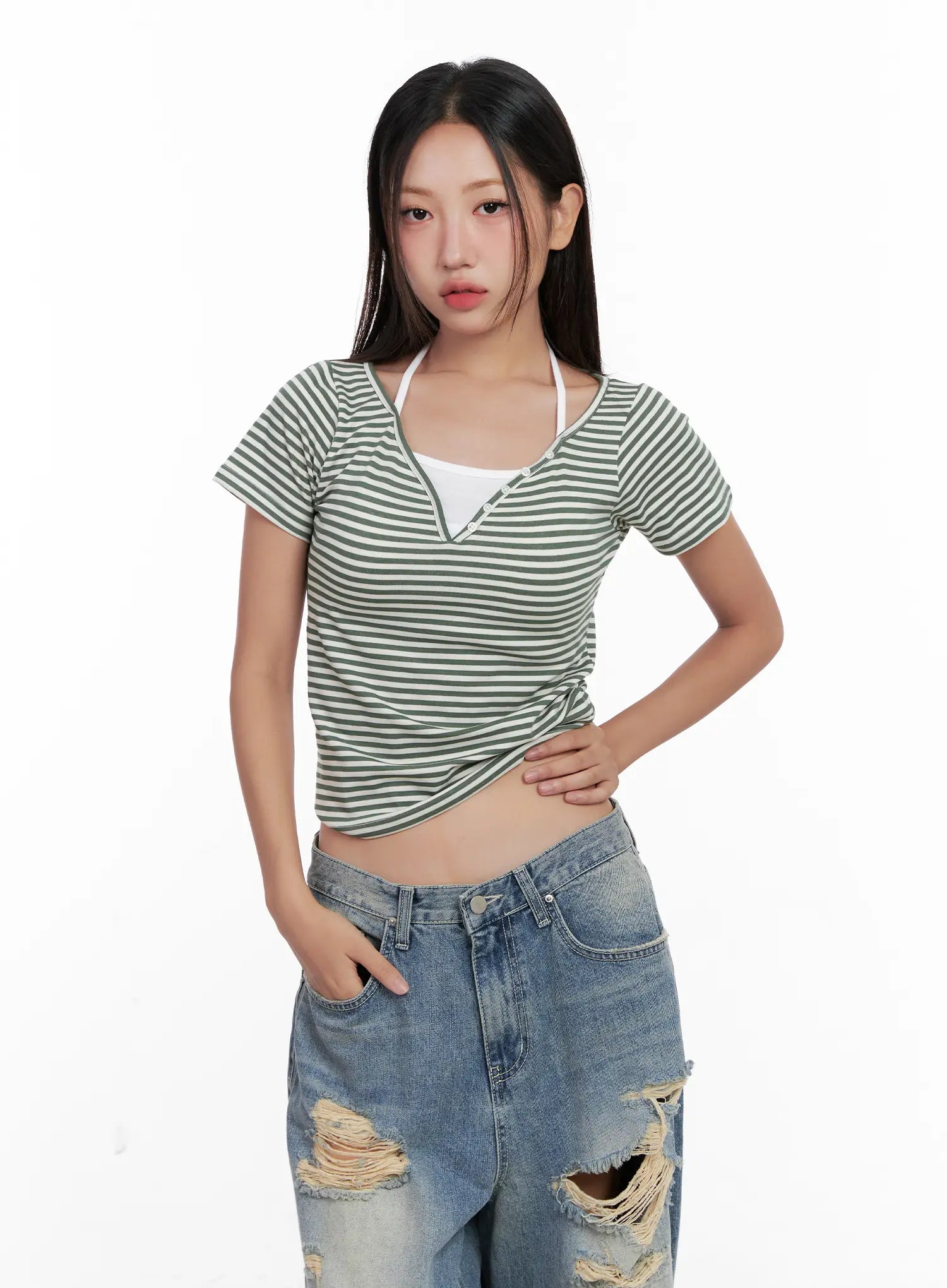 Contrast Stripe Layered Halter Tee CL518
