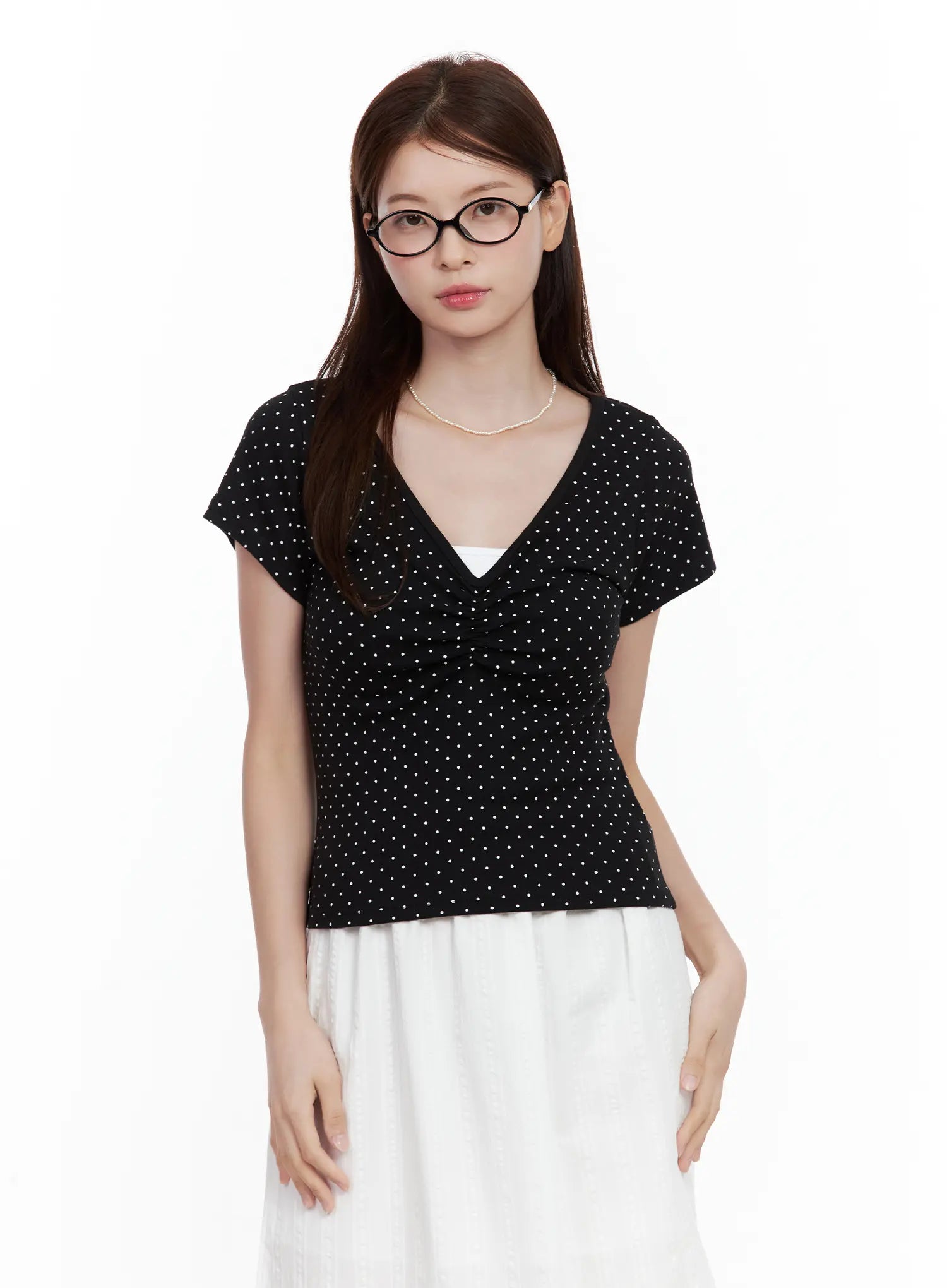 Polka Dot Shirred V-Neck Top CL502