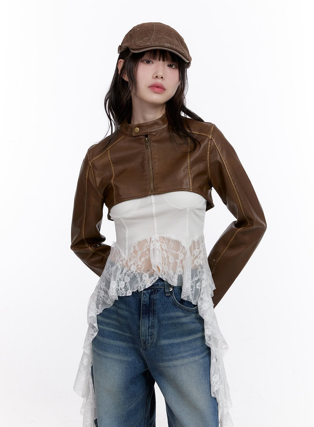 Stitched Faux-Leather Bolero Jacket CF511