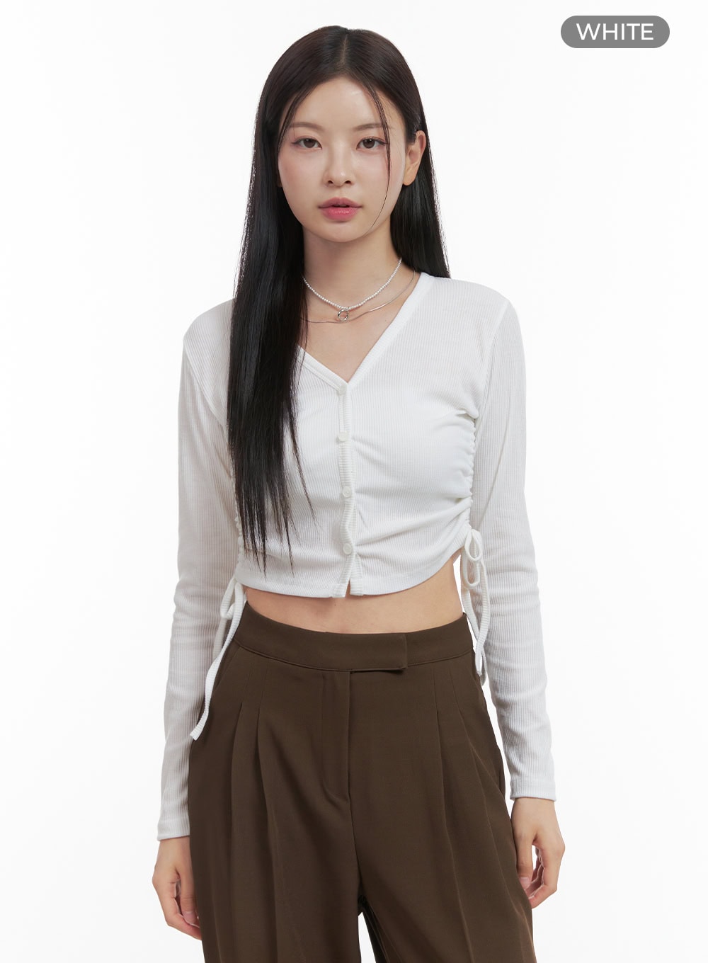 V-Neck Buttoned Shirred Crop Top OO416