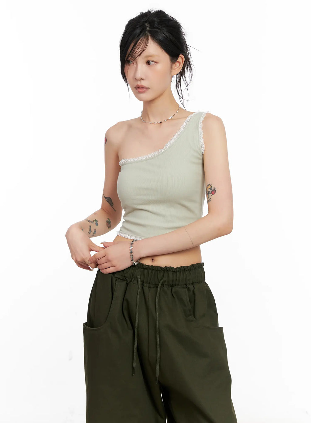 Asymmetric Lace-Trim Ribbed Top CL525