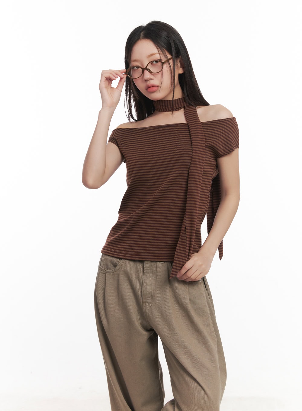 Stripe Off-Shoulder Top with Scarf CA521