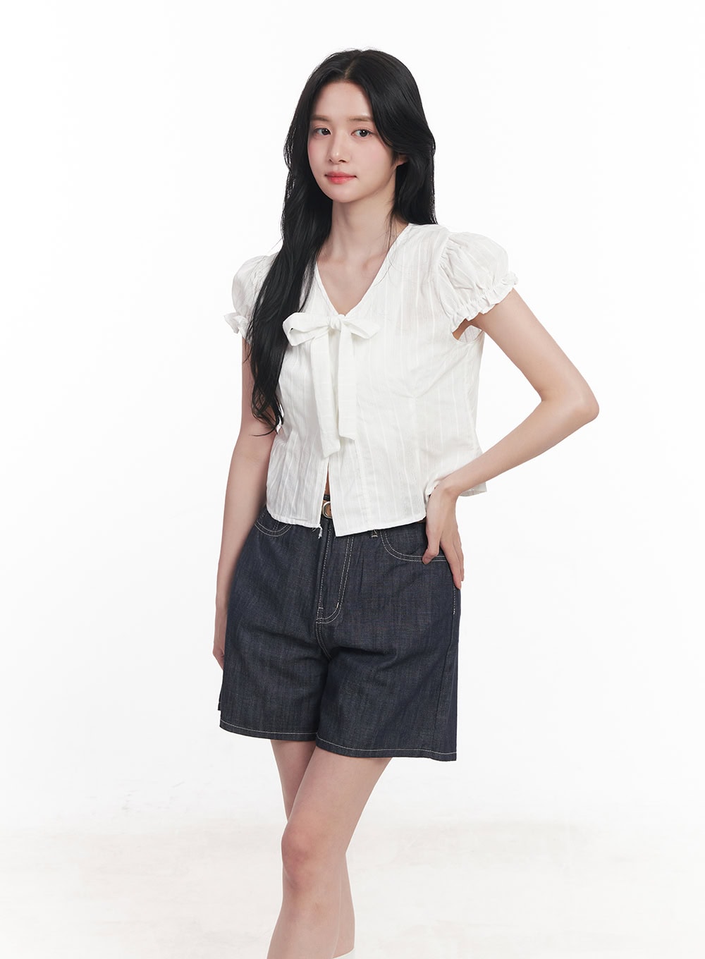 Tie Puff-Sleeve Crop Blouse Top CY526