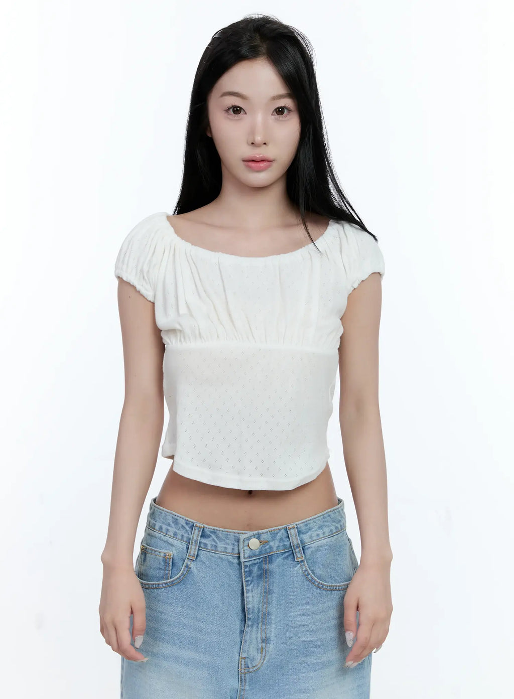 Off-Shoulder Eyelet Puff-Sleeve Top CL530