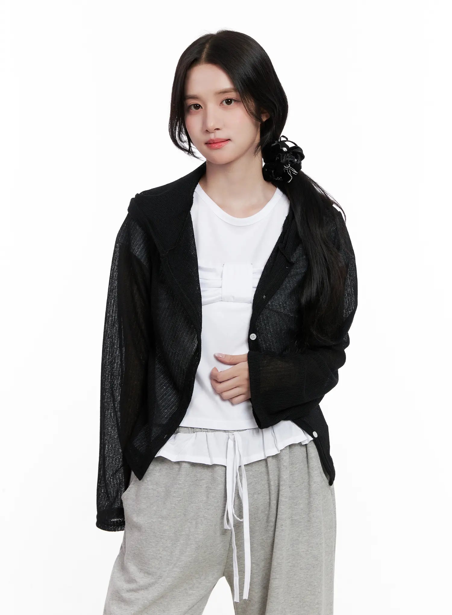 Sheer Button-Up Long Sleeve Zip-Up CL516