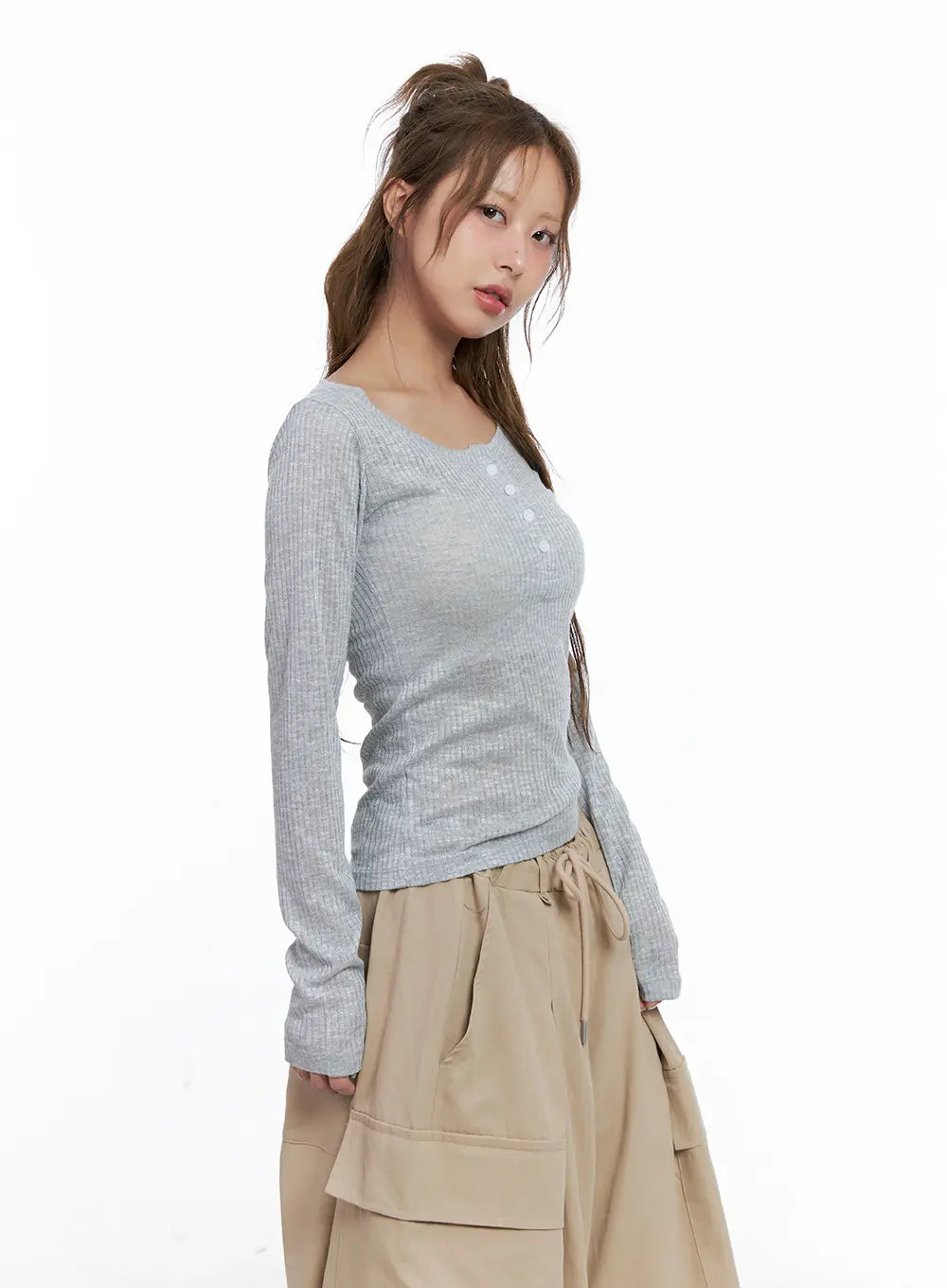 Ribbed Sheer Long-Sleeve Top CL514