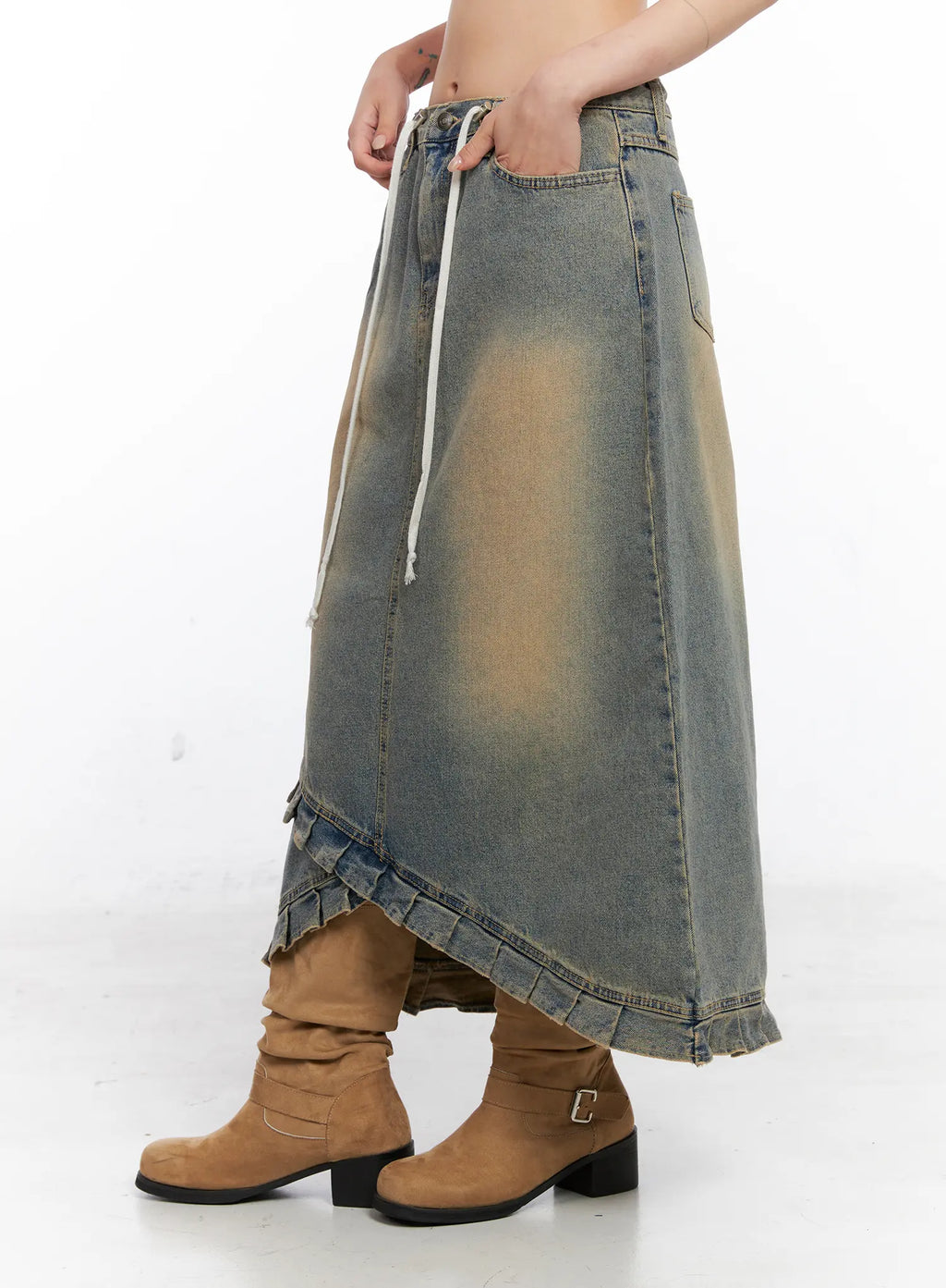 Asymmetric Ruffled Denim Maxi Skirt CO507