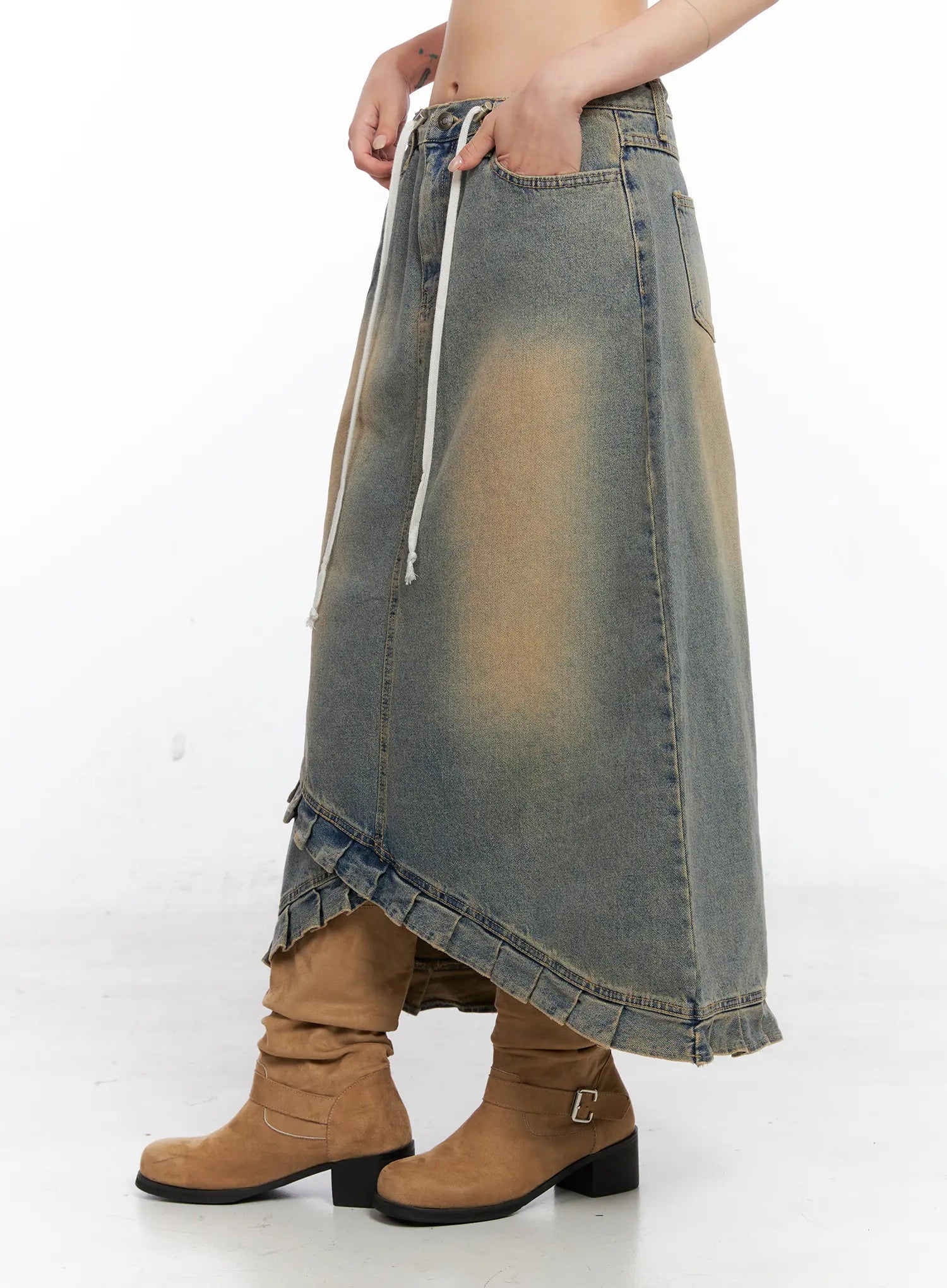 Asymmetric Ruffled Denim Maxi Skirt CO507