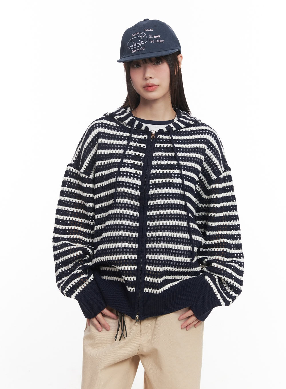 Striped Zip-Up Oversized Hooded Sweater CM520