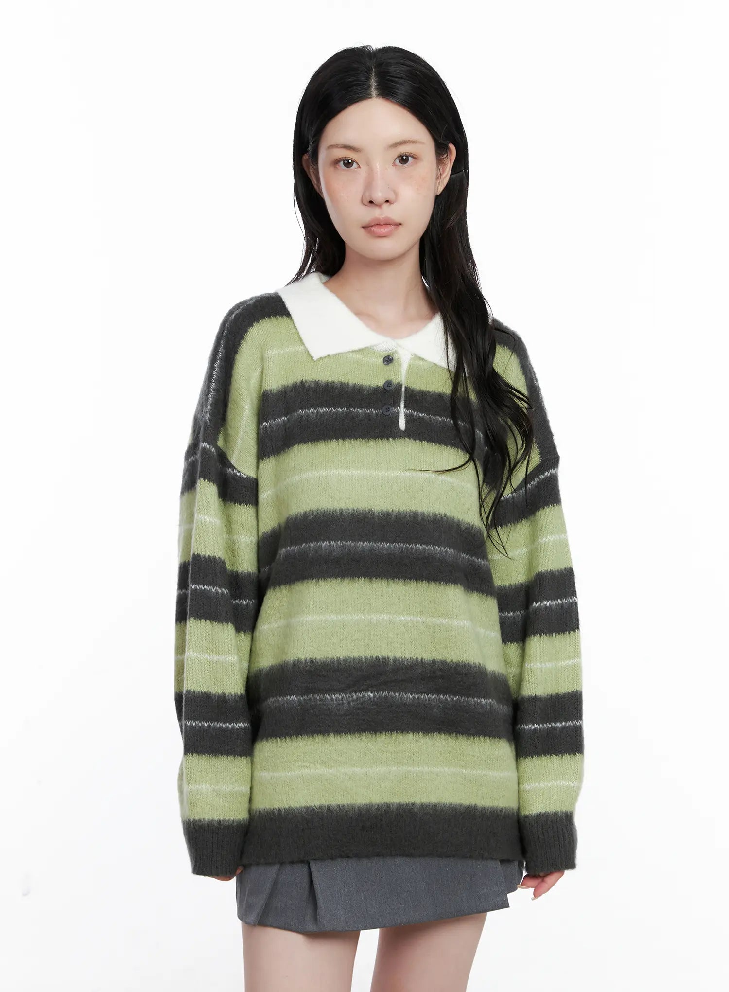 Striped Fuzzy Collared Knit Sweater CS529