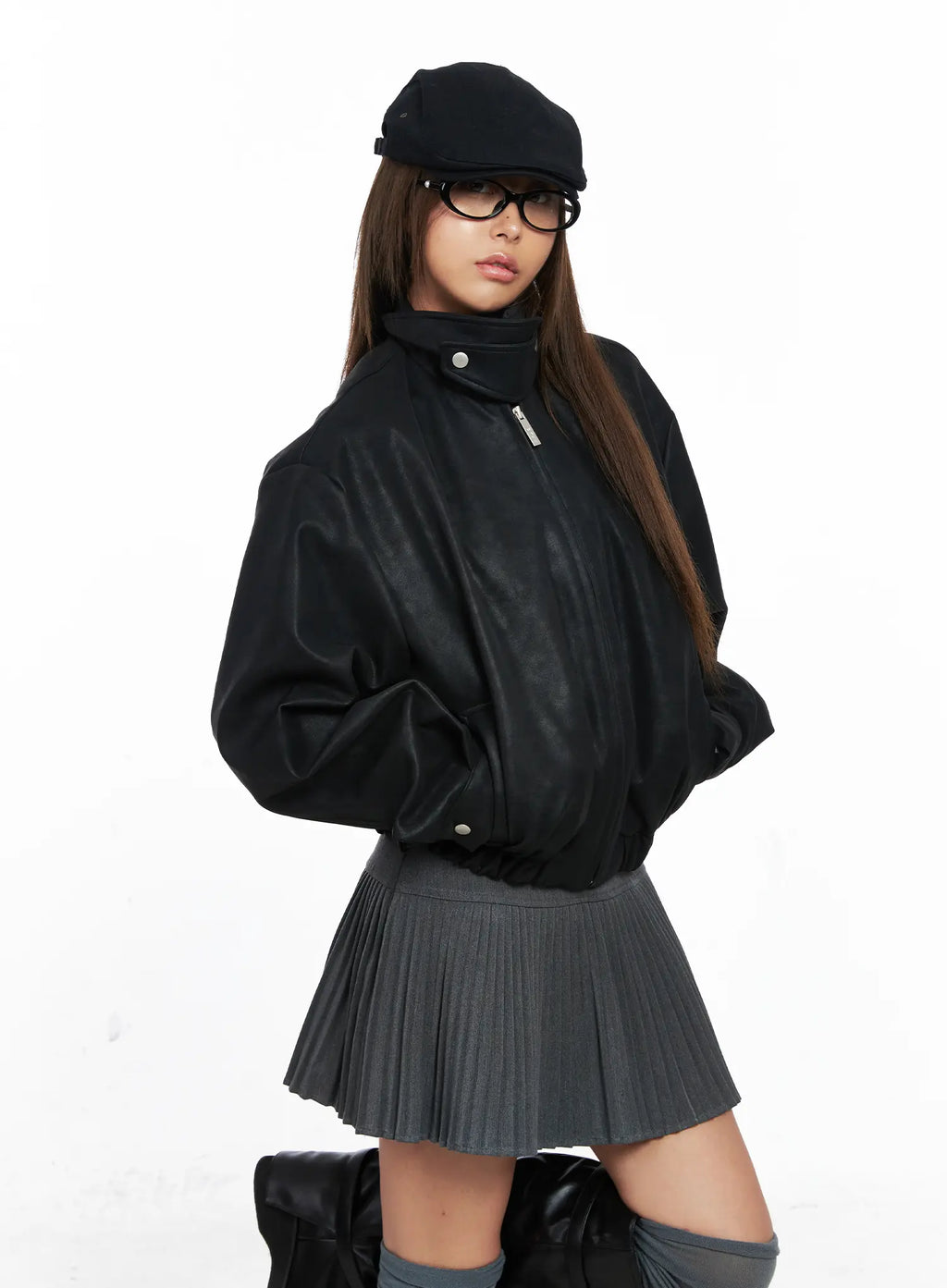 High Neck Faux Leather Buttoned Jacket CO510