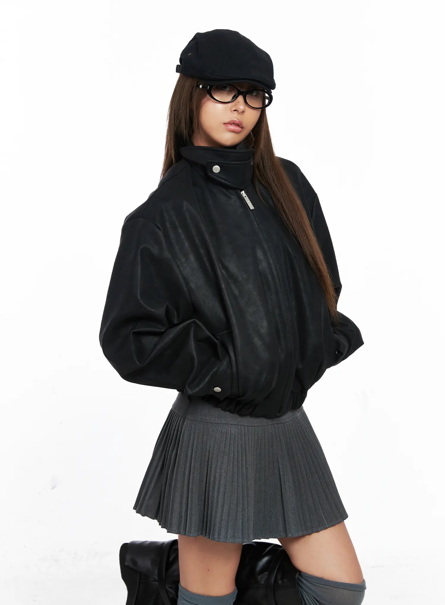 High Neck Faux Leather Buttoned Jacket CO510