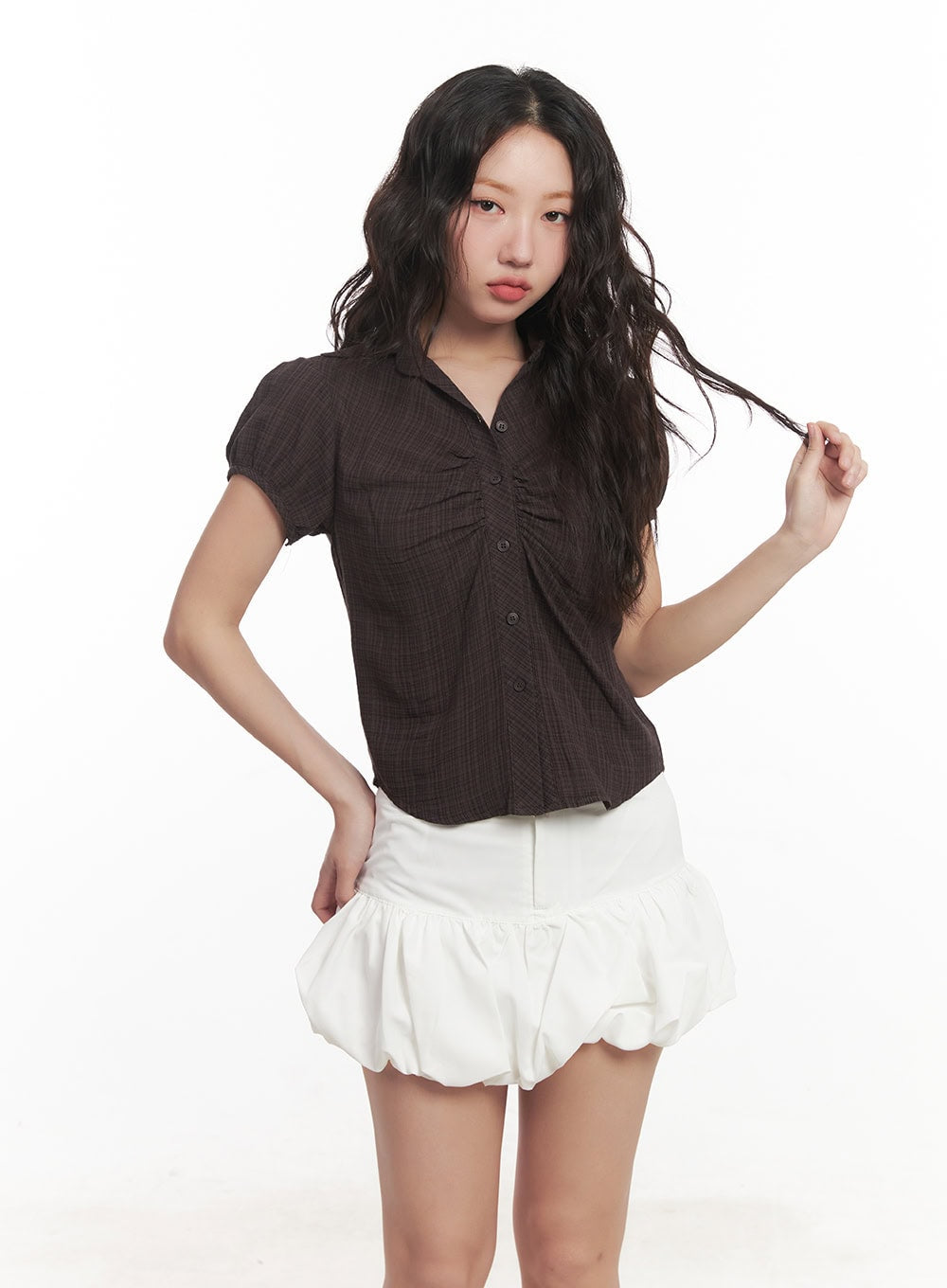 Shirred Checkered Crop Collared Shirt CA521