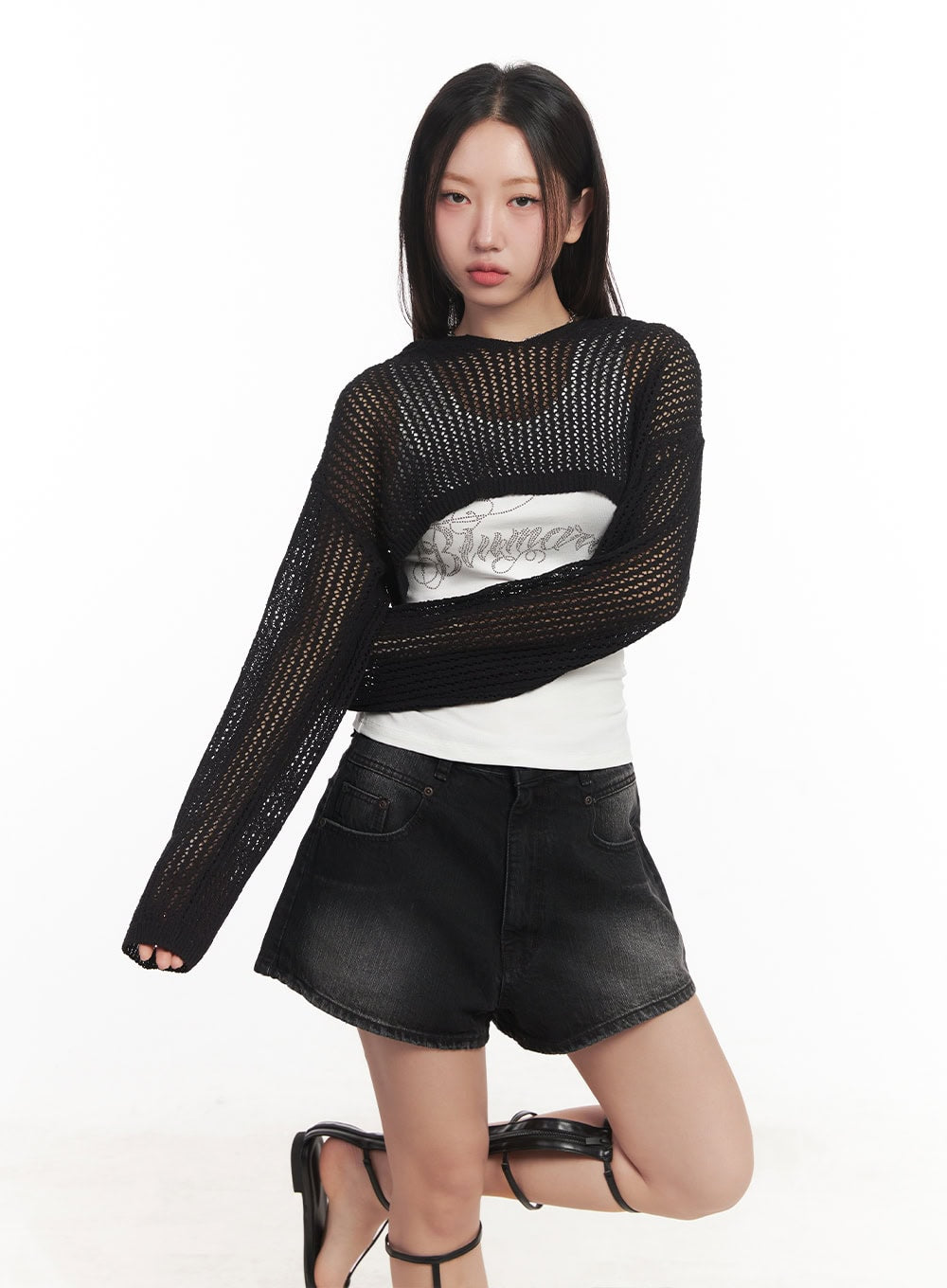 Knit Mesh Crop Long-Sleeve Top CA529