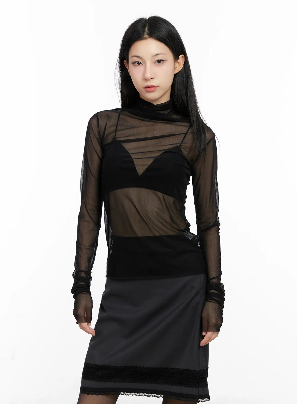 Sheer Turtleneck Long Sleeve Top CG525