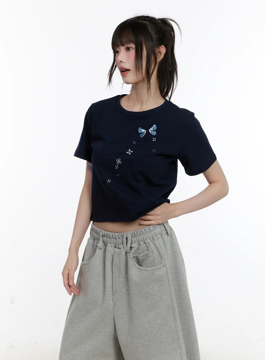 Embroidered Butterfly Baby Crop Tee CL507