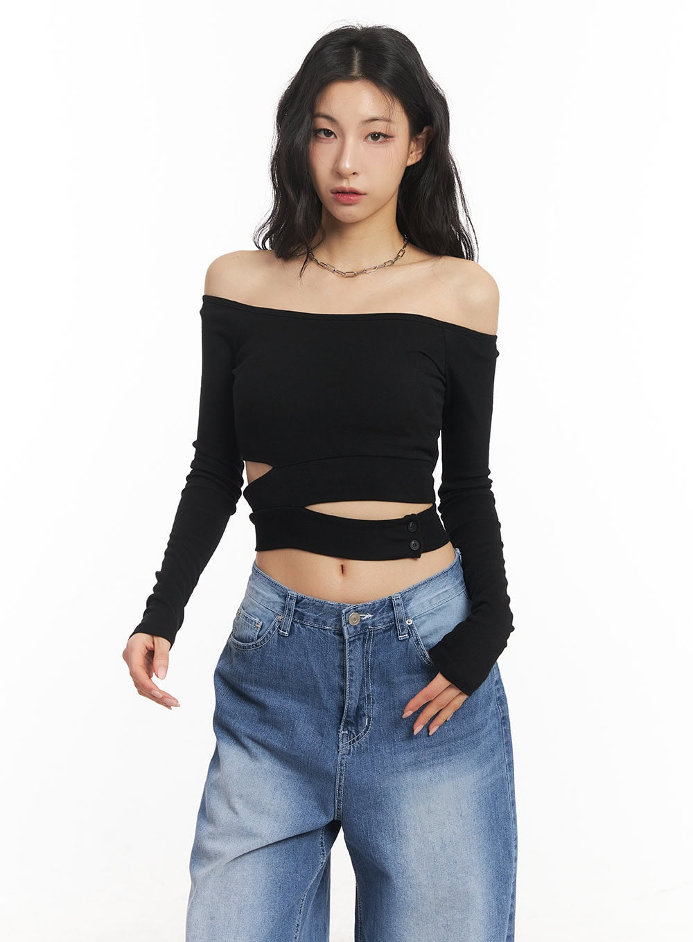 Cut-Out Off-Shoulder Long-Sleeve Crop Top CA504