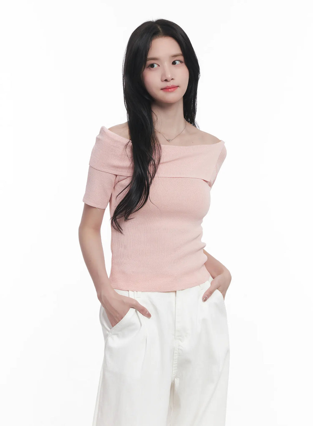 Off-Shoulder Asymmetric Short-Sleeve Sweater CU525