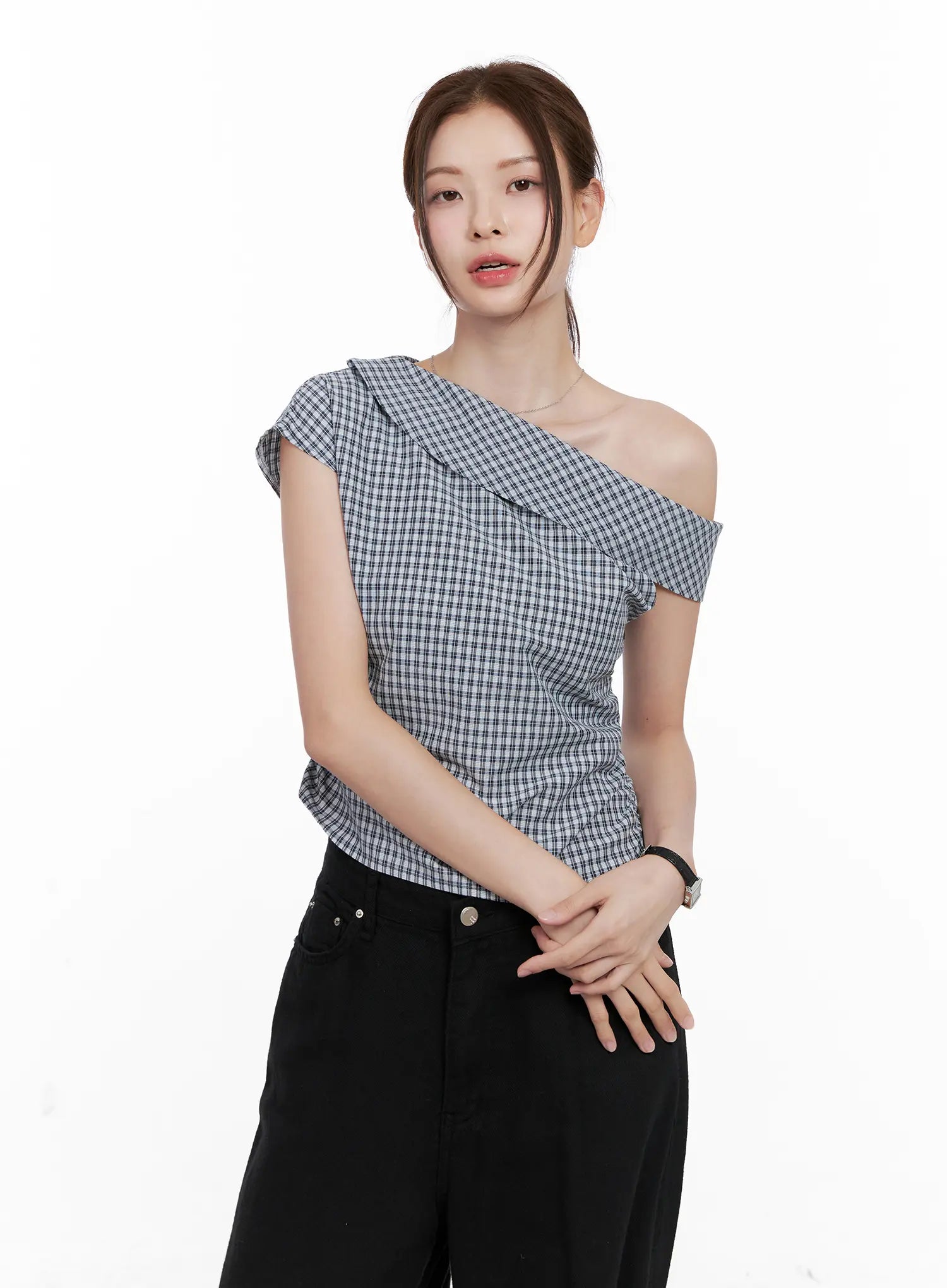 Gingham Off-Shoulder Crop Top CL524