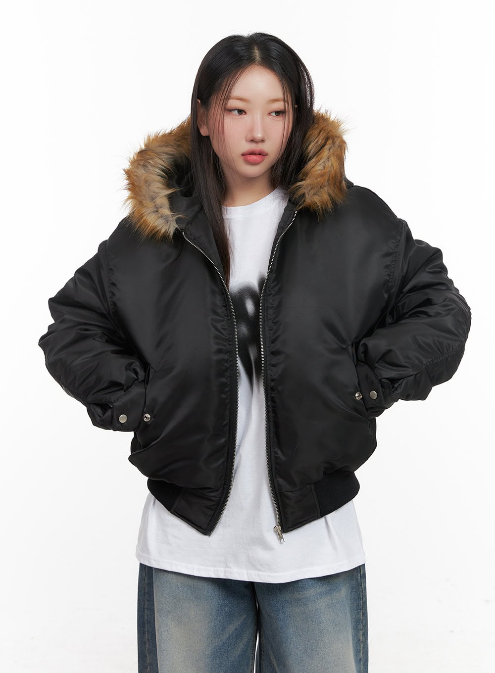 Fur Detail Hooded Bomber Jacket CD411
