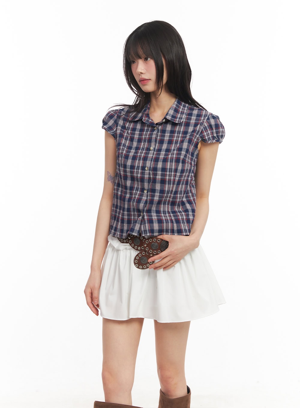 Plaid Puff Sleeve Cropped Shirt CA523
