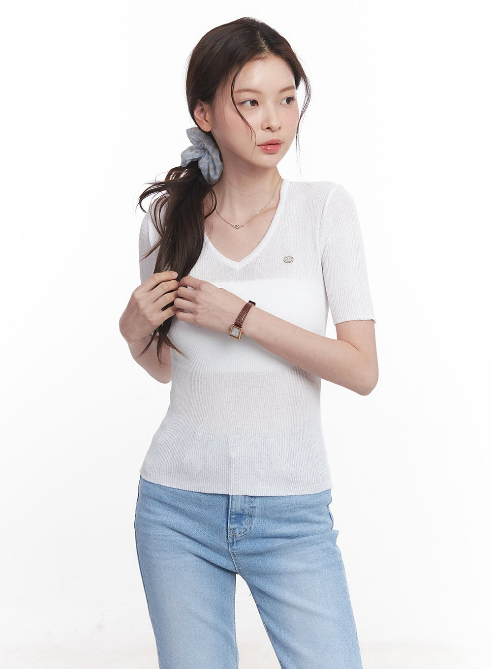 Sheer V-Neck Linen Short Sleeve Sweater CY519