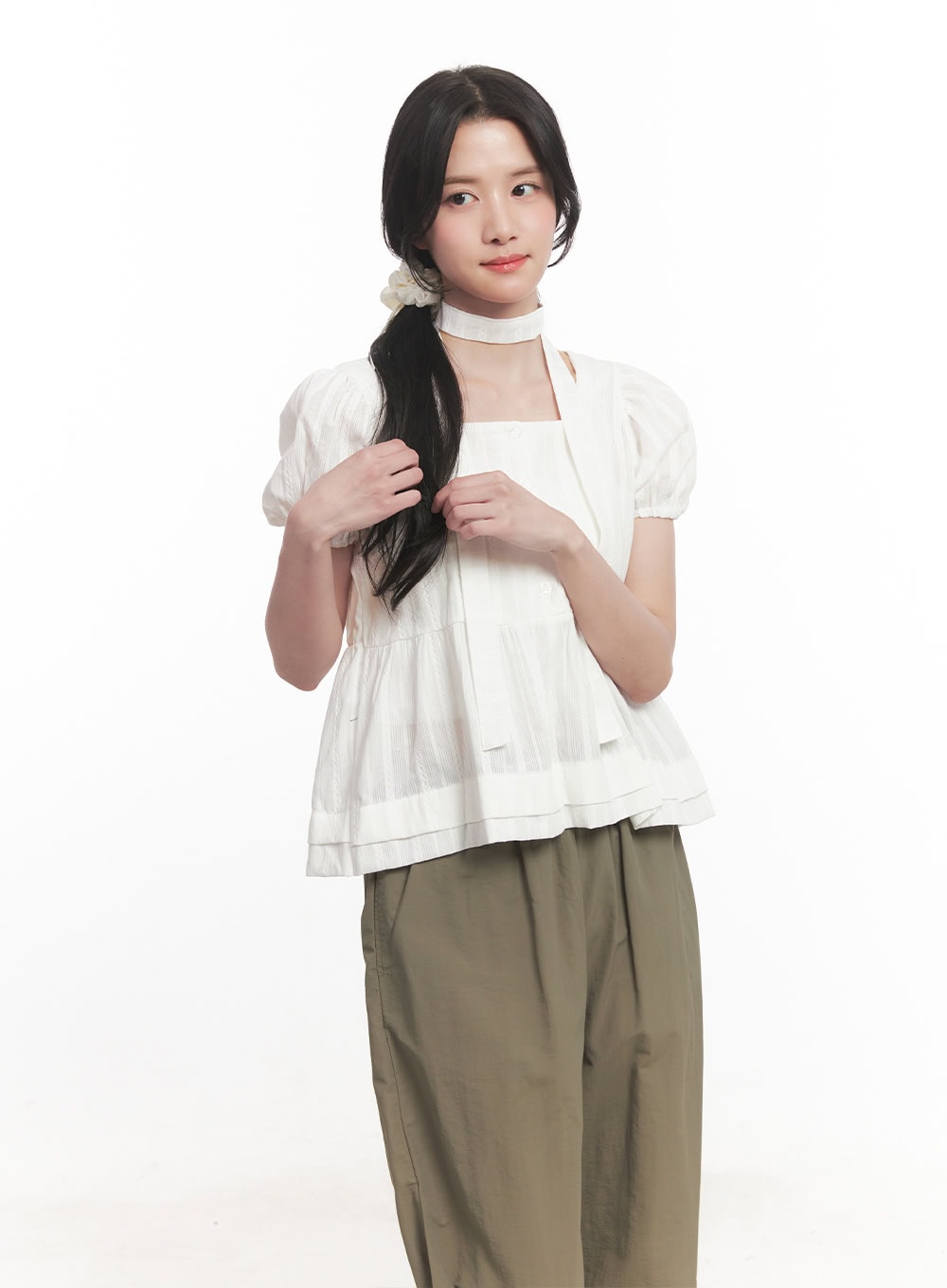 Puff-Sleeve Blouse & Scarf Set CA510