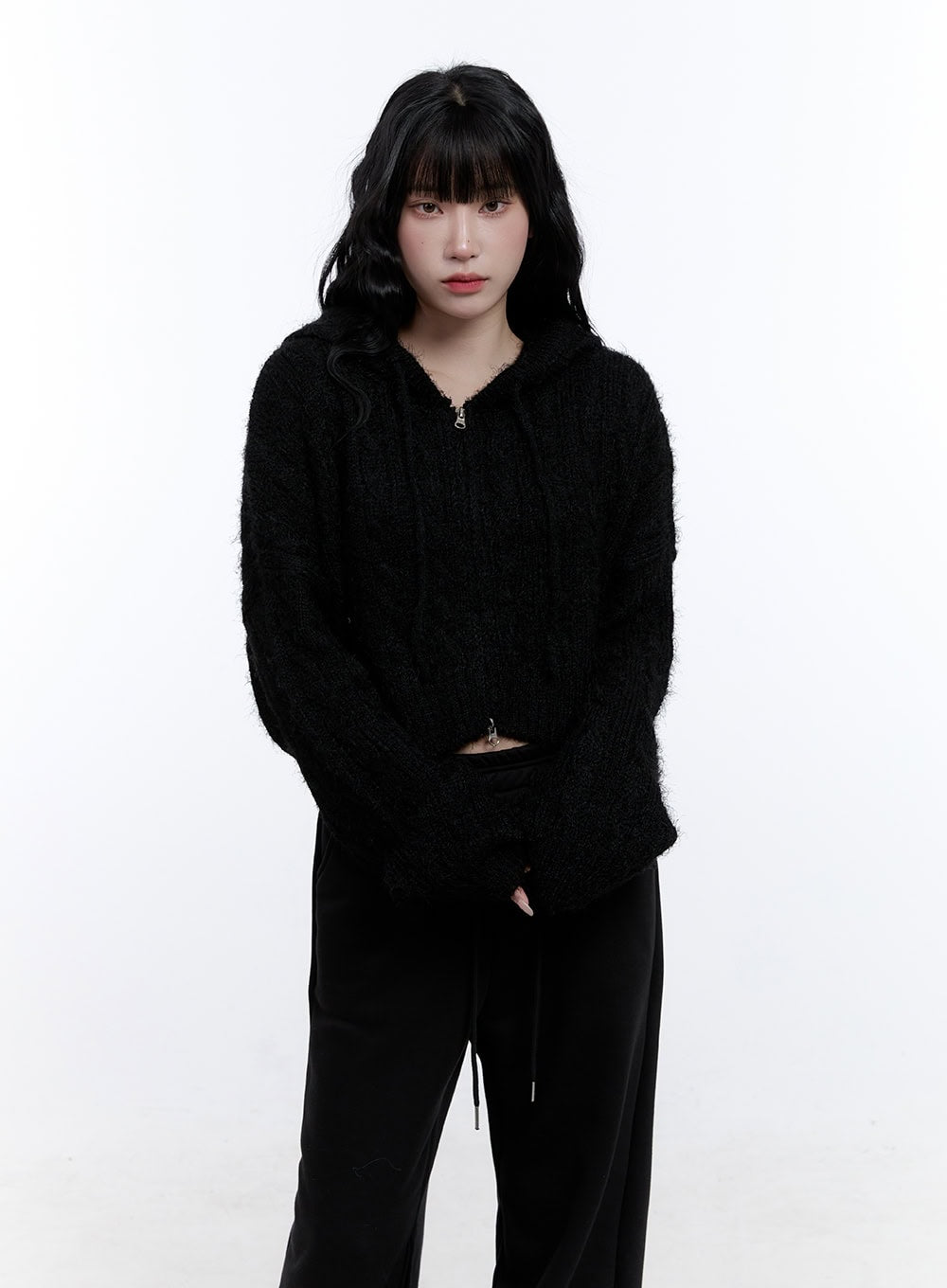 Cable Knit Cropped Hooded Cardigan CD419