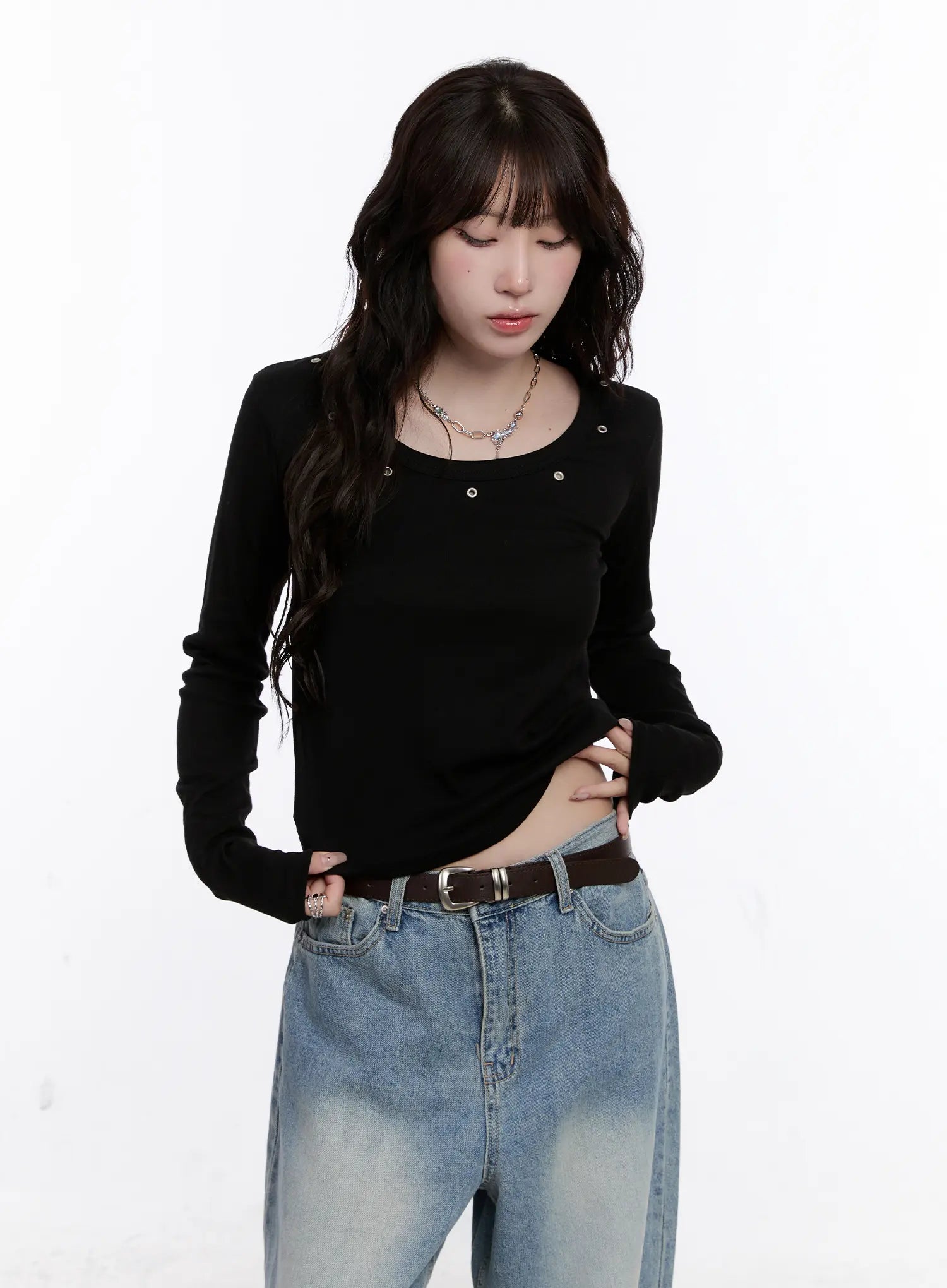 Ribbed U-Neck Eyelet Long Sleeve Top CS530