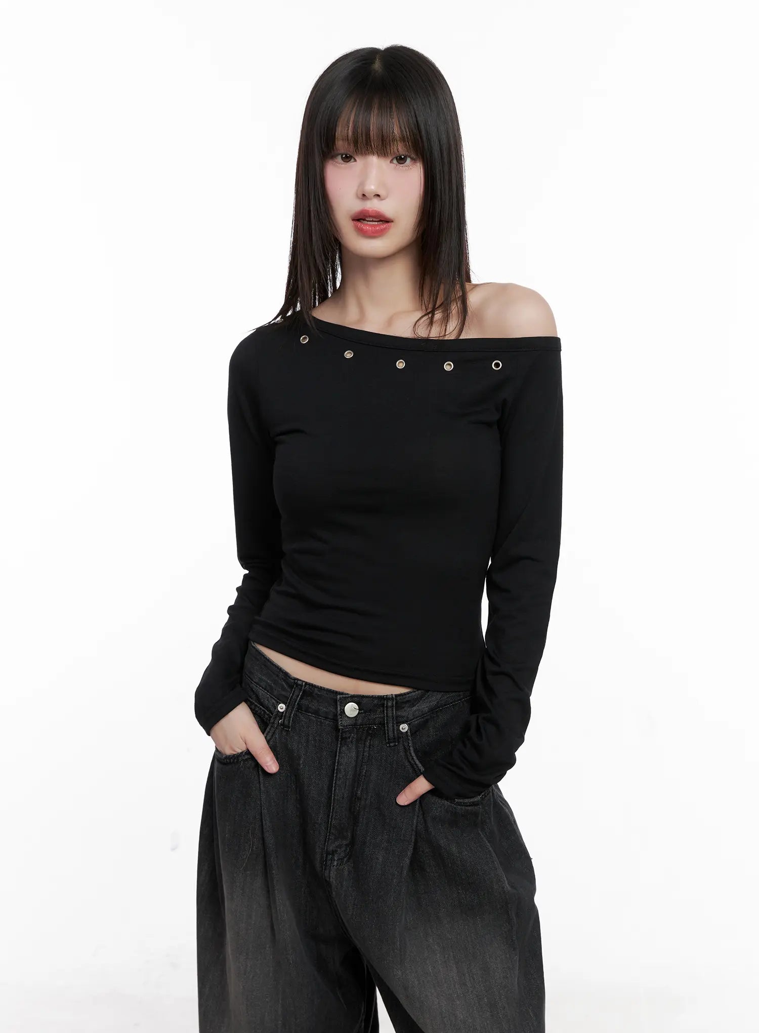 Asymmetrical Eyelet Long Sleeve Top CG519