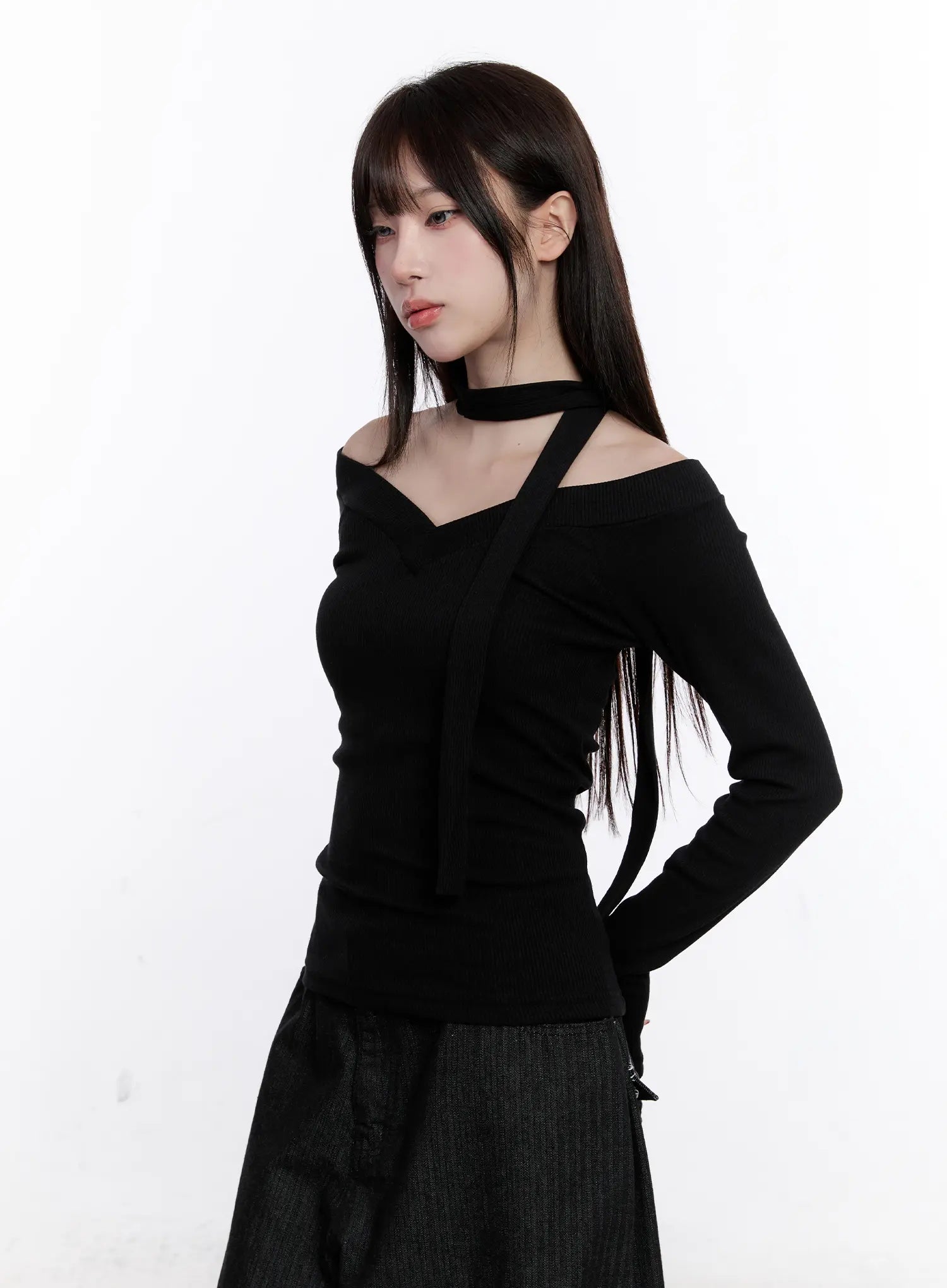 V-Neck Ribbed Two-Way Tie Long Sleeve Top CS530