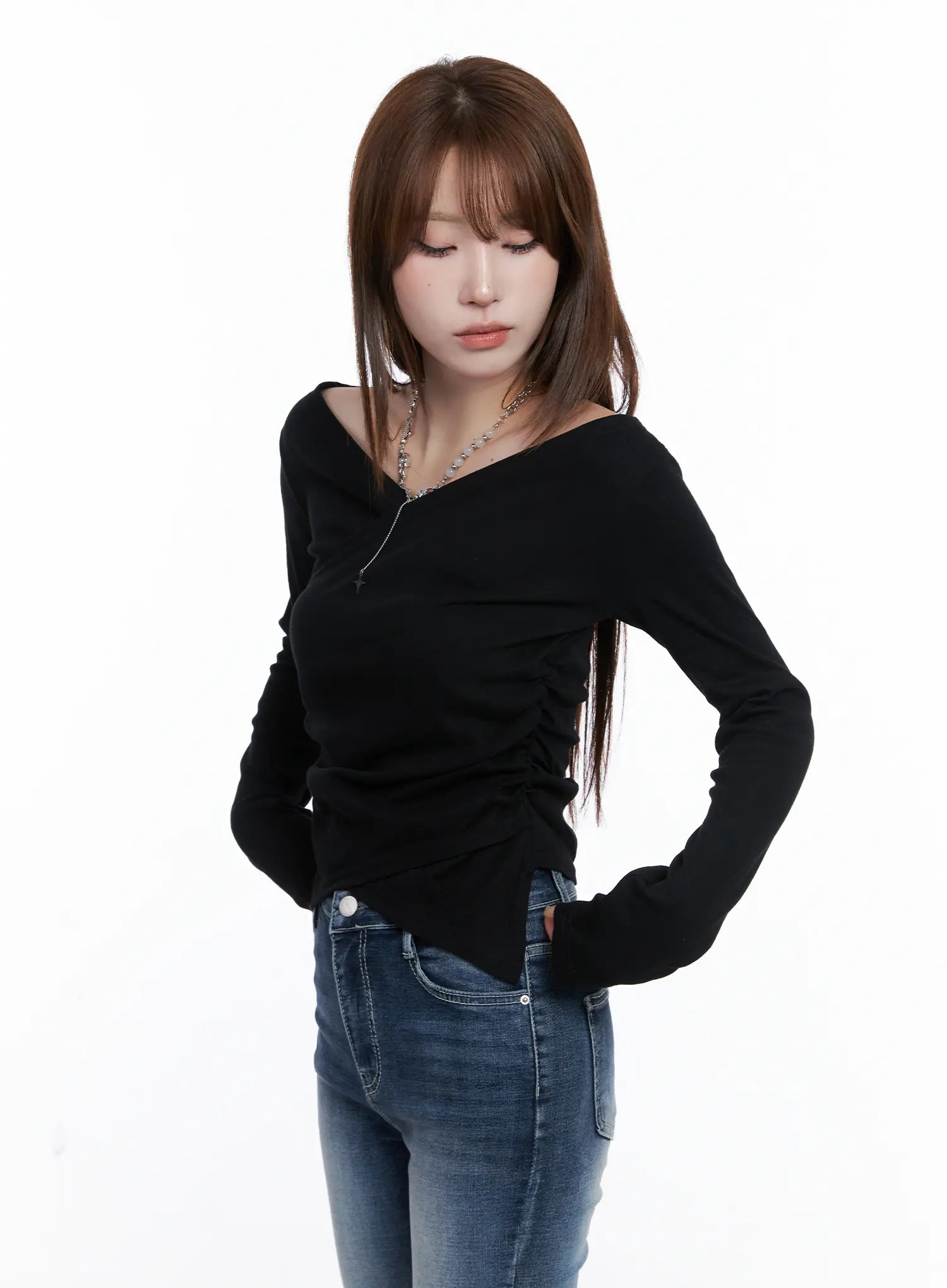 Off-Shoulder V-Neck Long Sleeve Top CG529