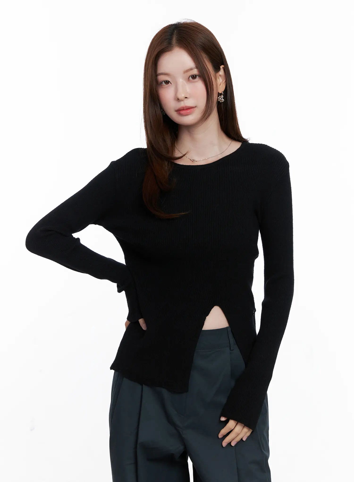 Two-Way Button Side-Slit Knit Top CG521