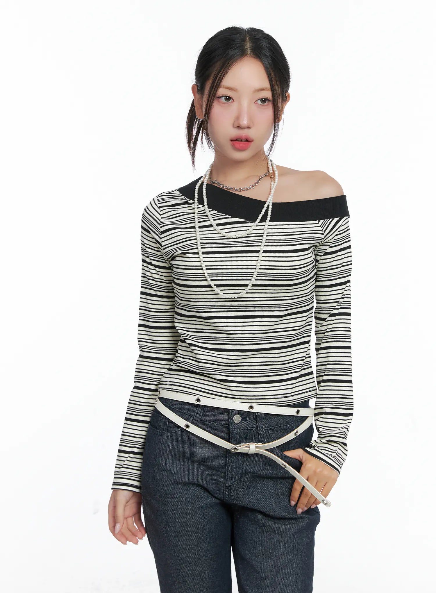 Stripe Off-Shoulder Long Sleeve Top CS502