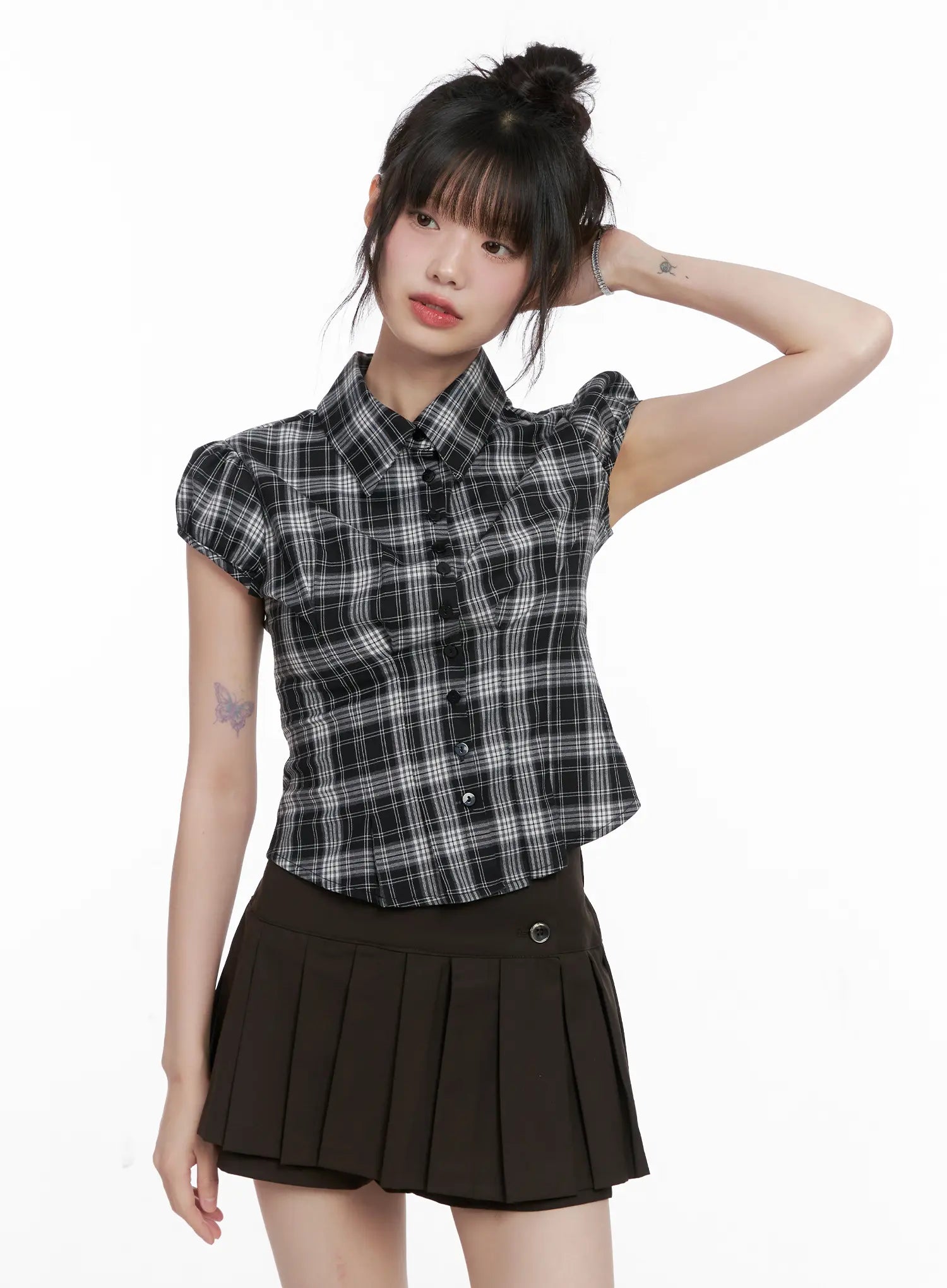 Plaid Puff Sleeve Top CG519
