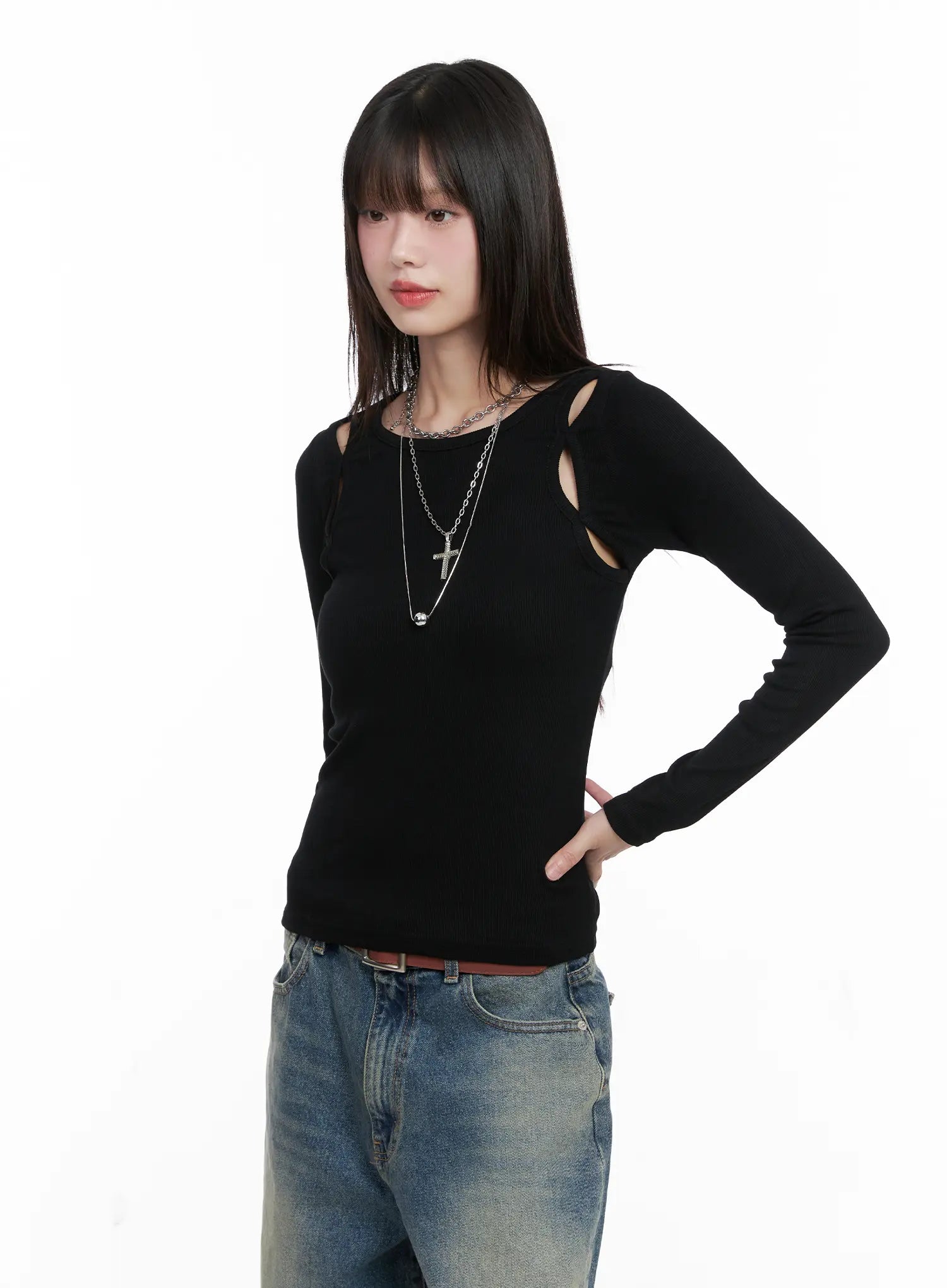 Ribbed Cut-Out Long Sleeve Top CG518