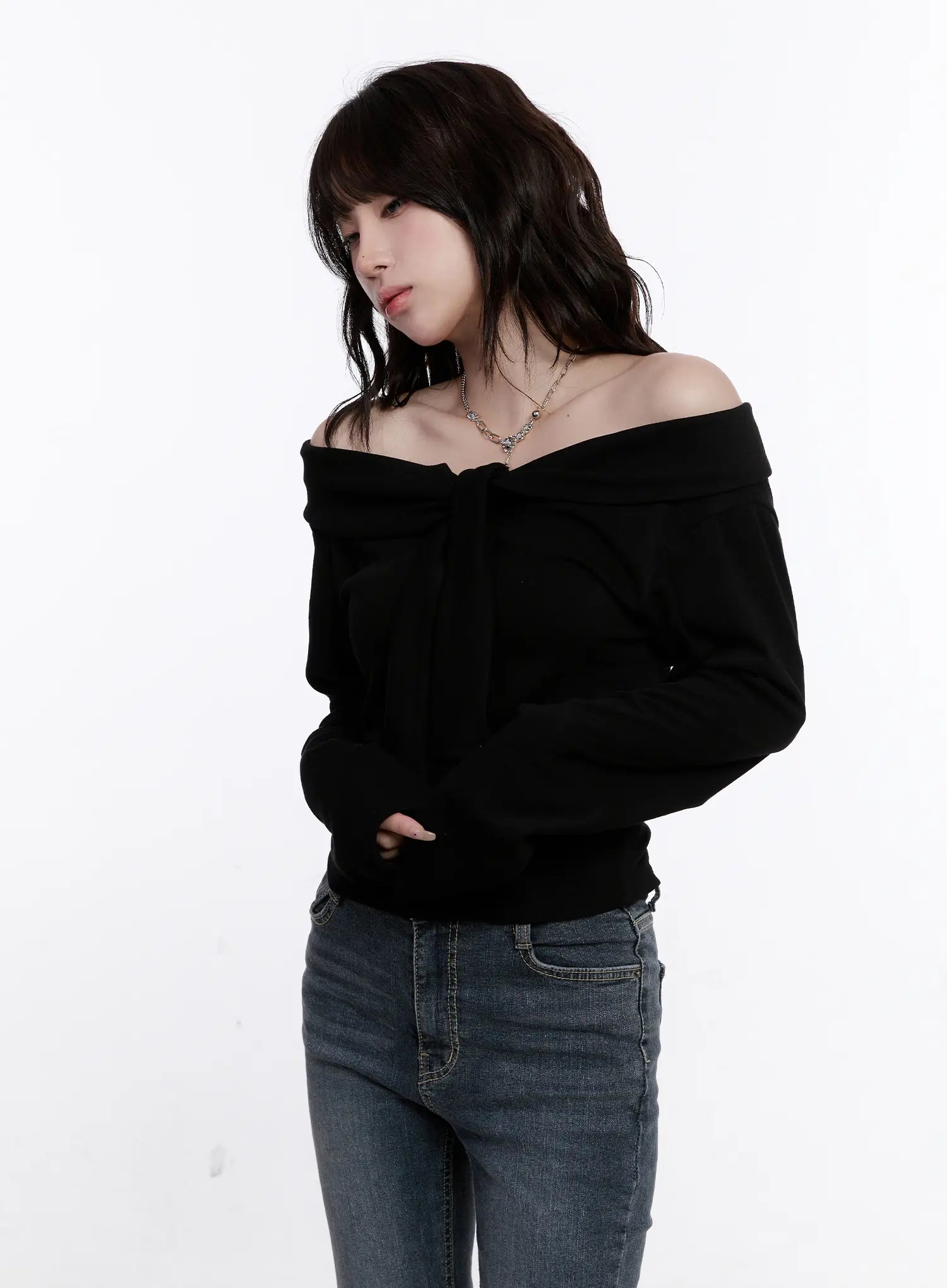 Off-Shoulder Bow Tie Long Sleeve Top CS530