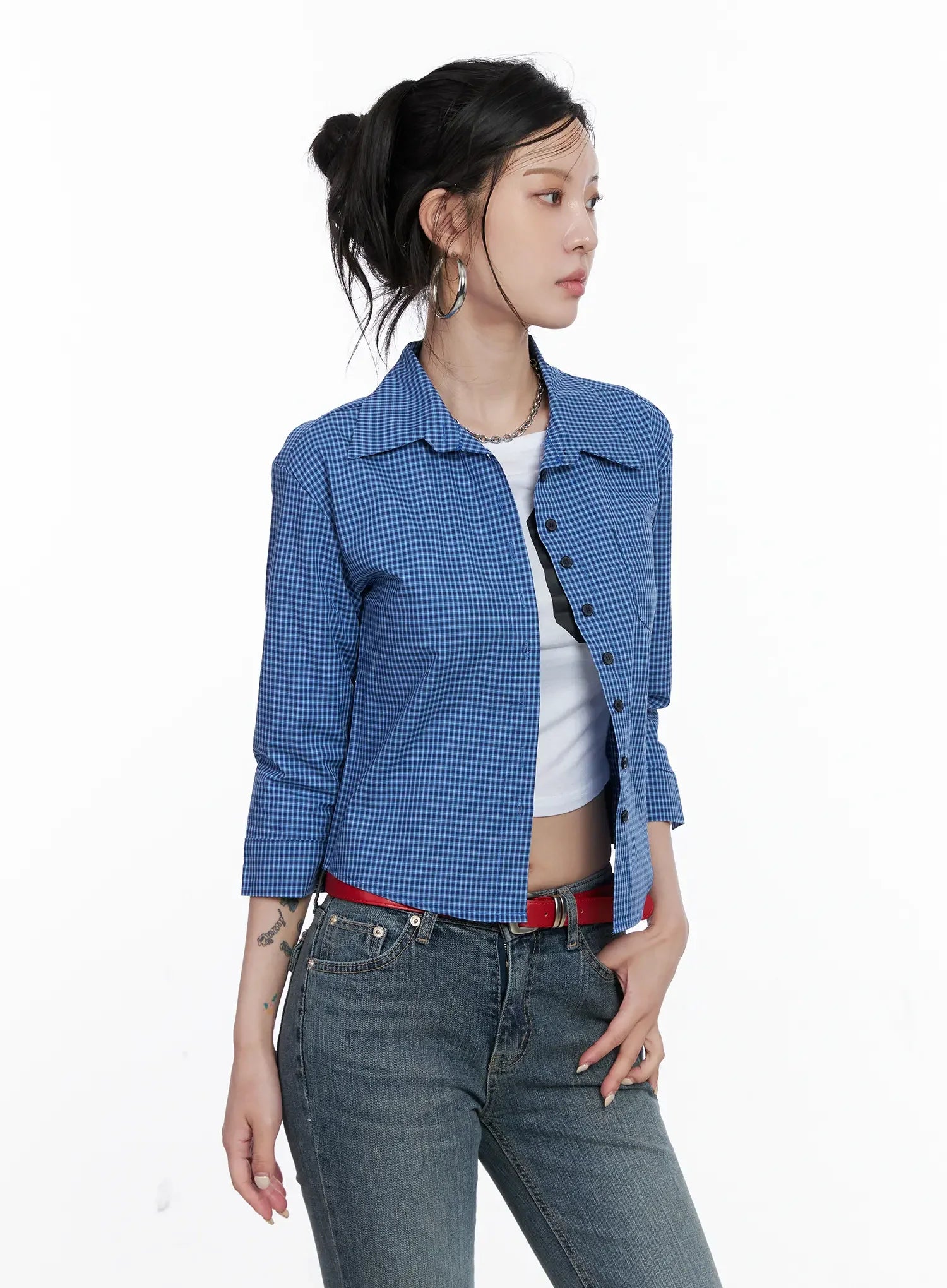 Cropped Plaid Button Up Shirt CS512