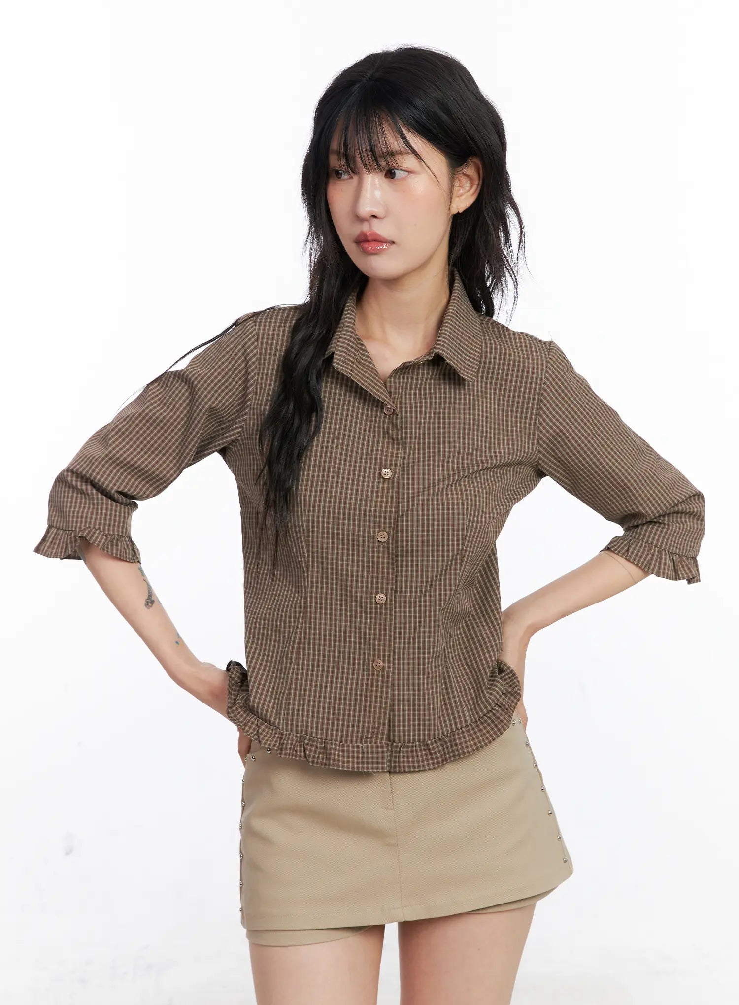Ruffled Gingham 3/4 Shirt CO507