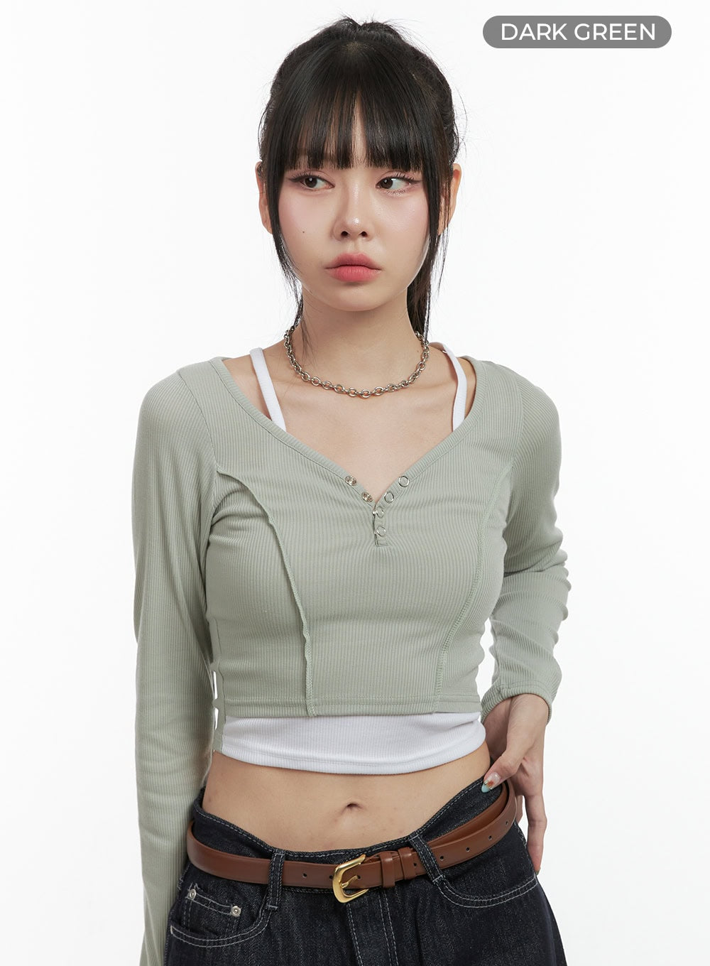 Ribbed Button V-Neck Crop Top OS410